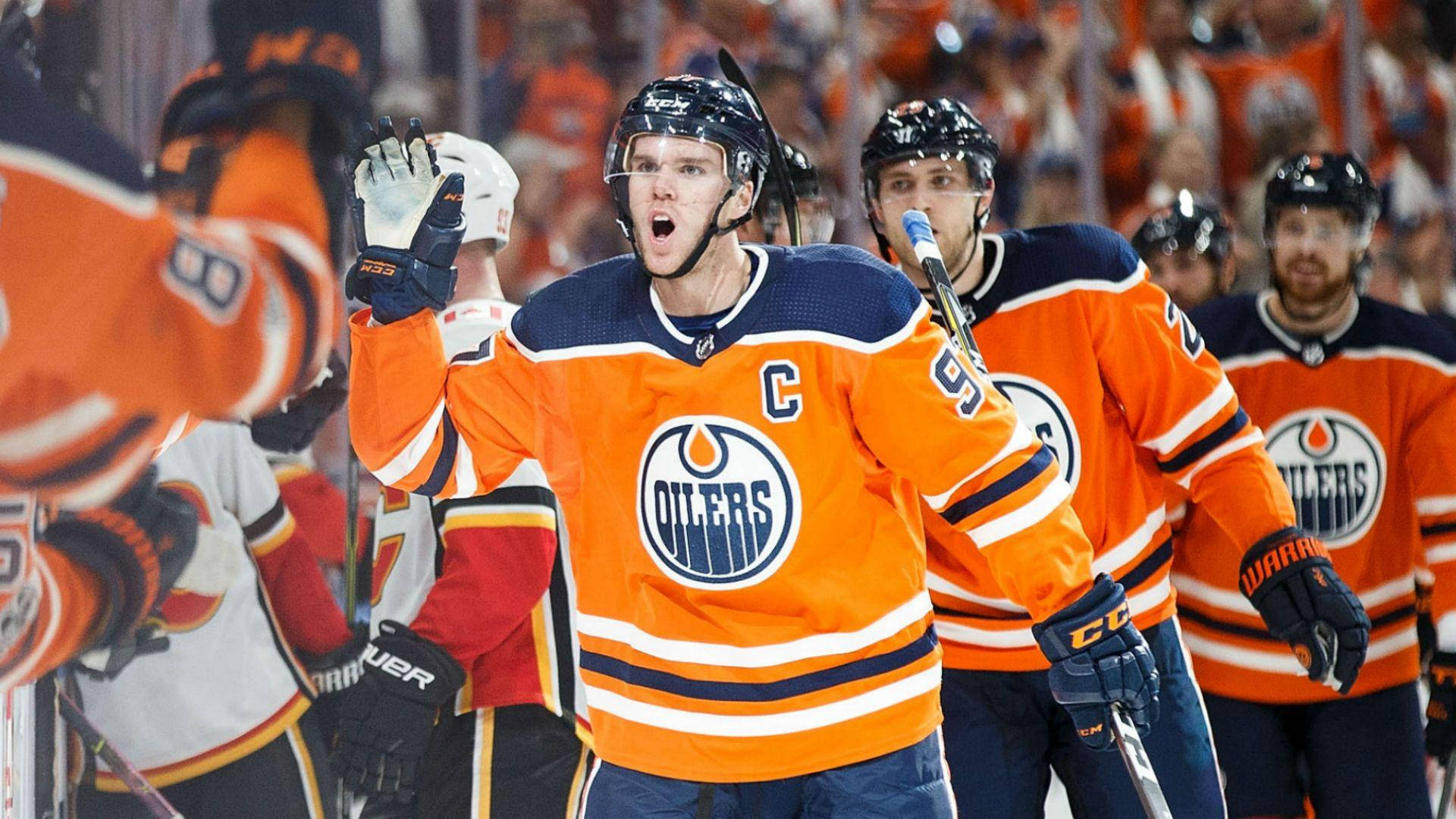 2019 National Hockey Player, Connor Mcdavid, orange Oilers jersey, Full HD Desktop Wallpaper