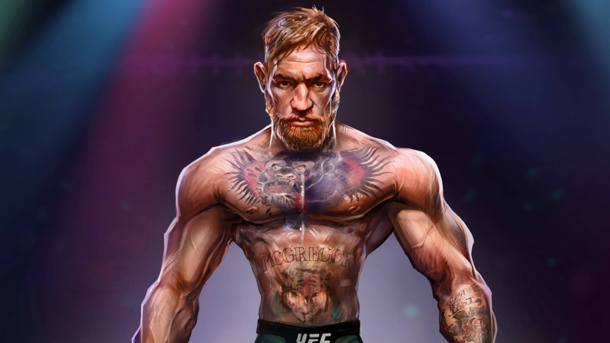 Conor McGregor, muscular tattooed fighter, fierce expression, 2K Desktop Wallpaper
