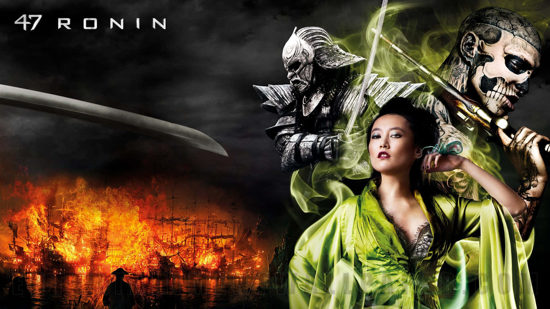 47 Ronin, glowing green robe, fiery burning ship, Full HD Desktop Wallpaper