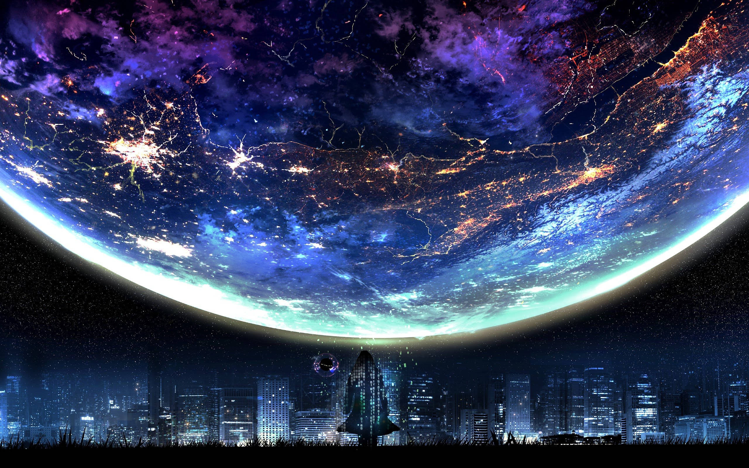 Constellations, futuristic cityscape, glowing planet, 2K Desktop Wallpaper