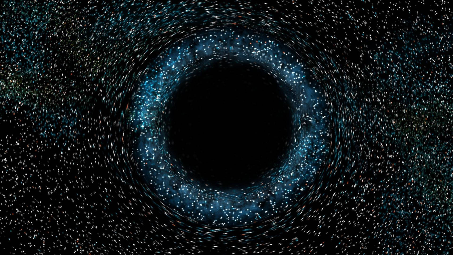 black hole, swirling blue accretion disk, stars, Full HD Desktop Wallpaper
