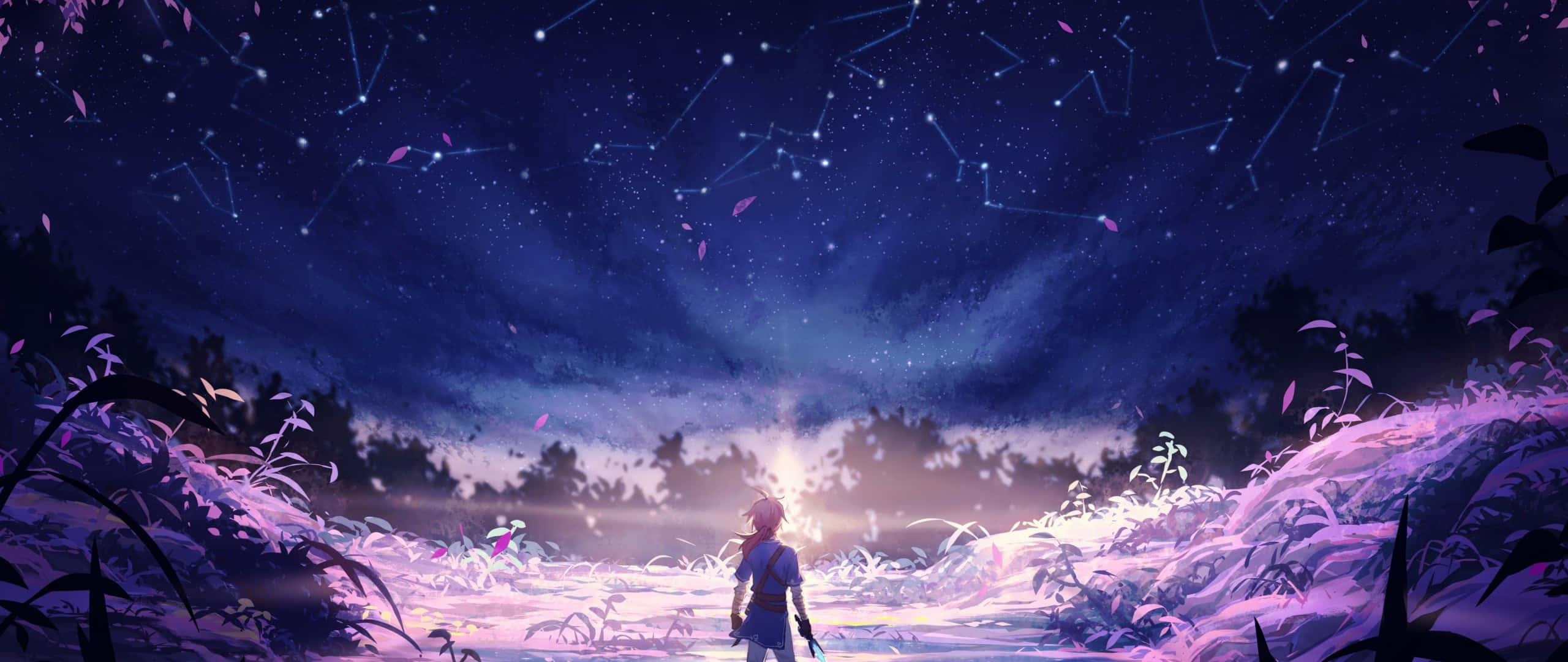 glowing purple field, starry night sky, visible constellations, 2K Desktop Wallpaper