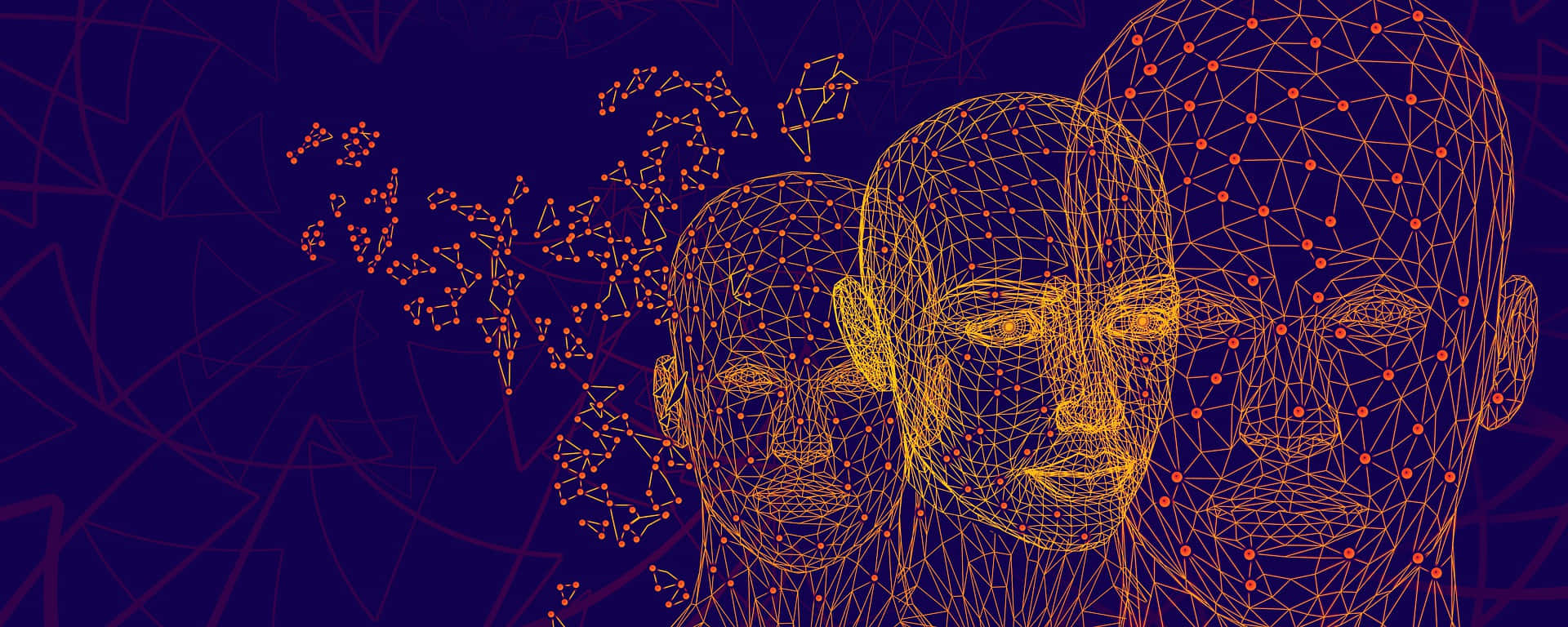 human head, glowing yellow mesh, dark blue background, Full HD Desktop Wallpaper