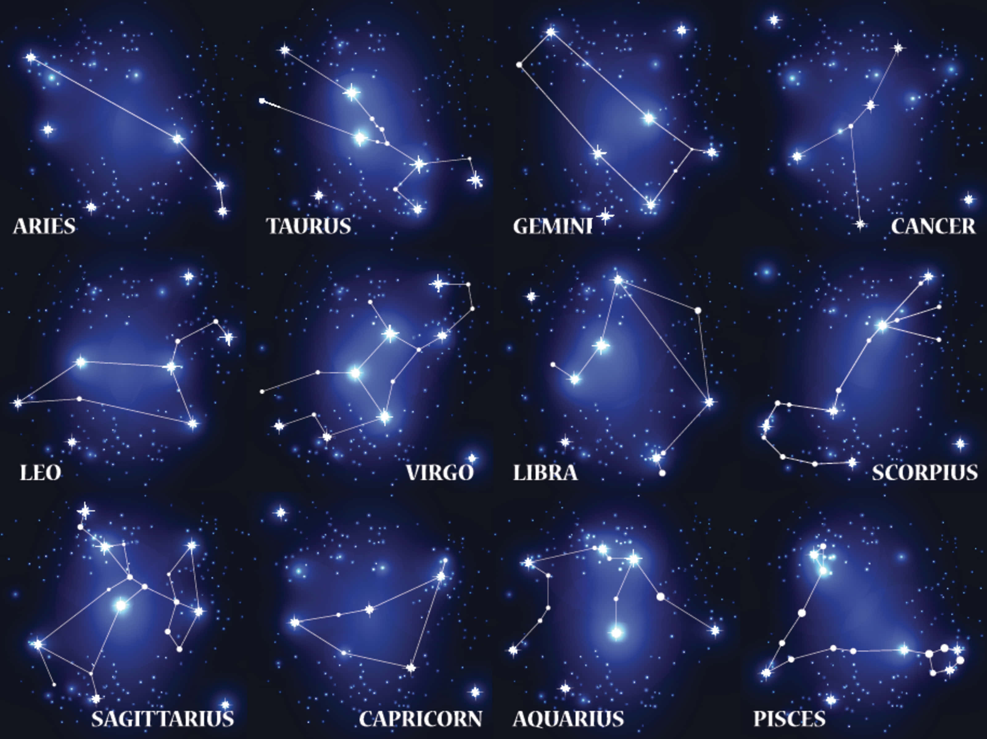 Constellations, deep blue starry night sky, white text, 2K Desktop Wallpaper