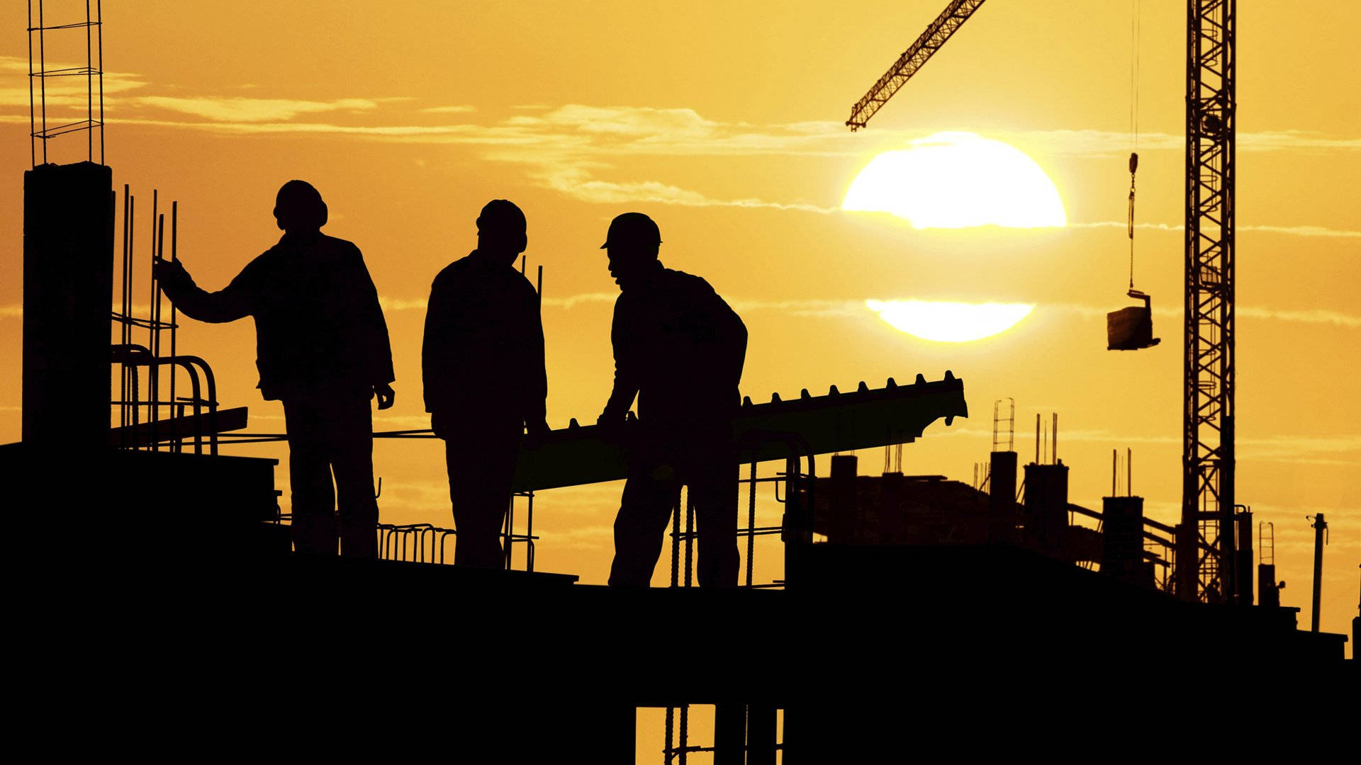 silhouette, construction workers, high-rise site, Full HD Desktop Wallpaper