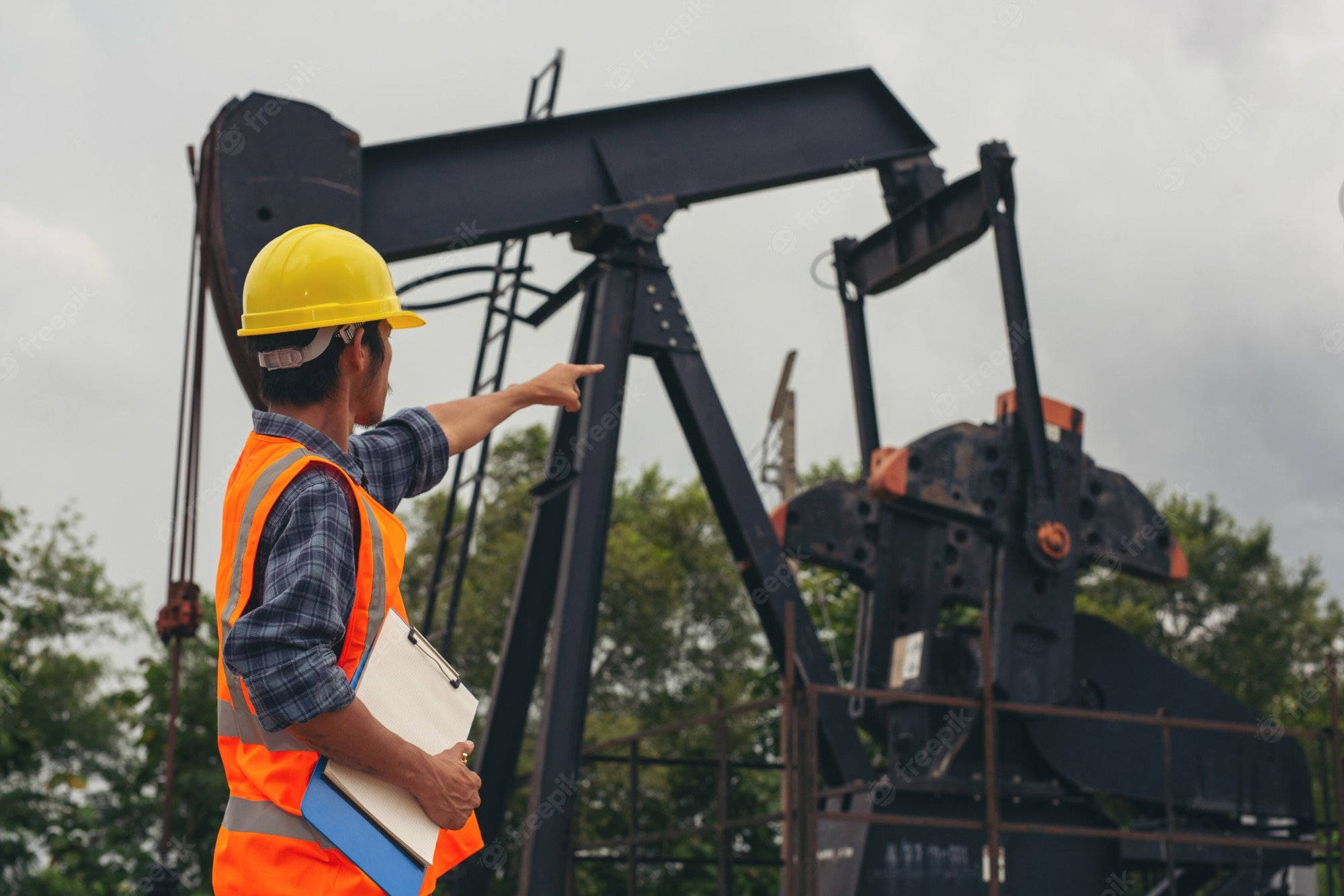 yellow hard hat, orange vest, black oil pump jack, Full HD Desktop Wallpaper