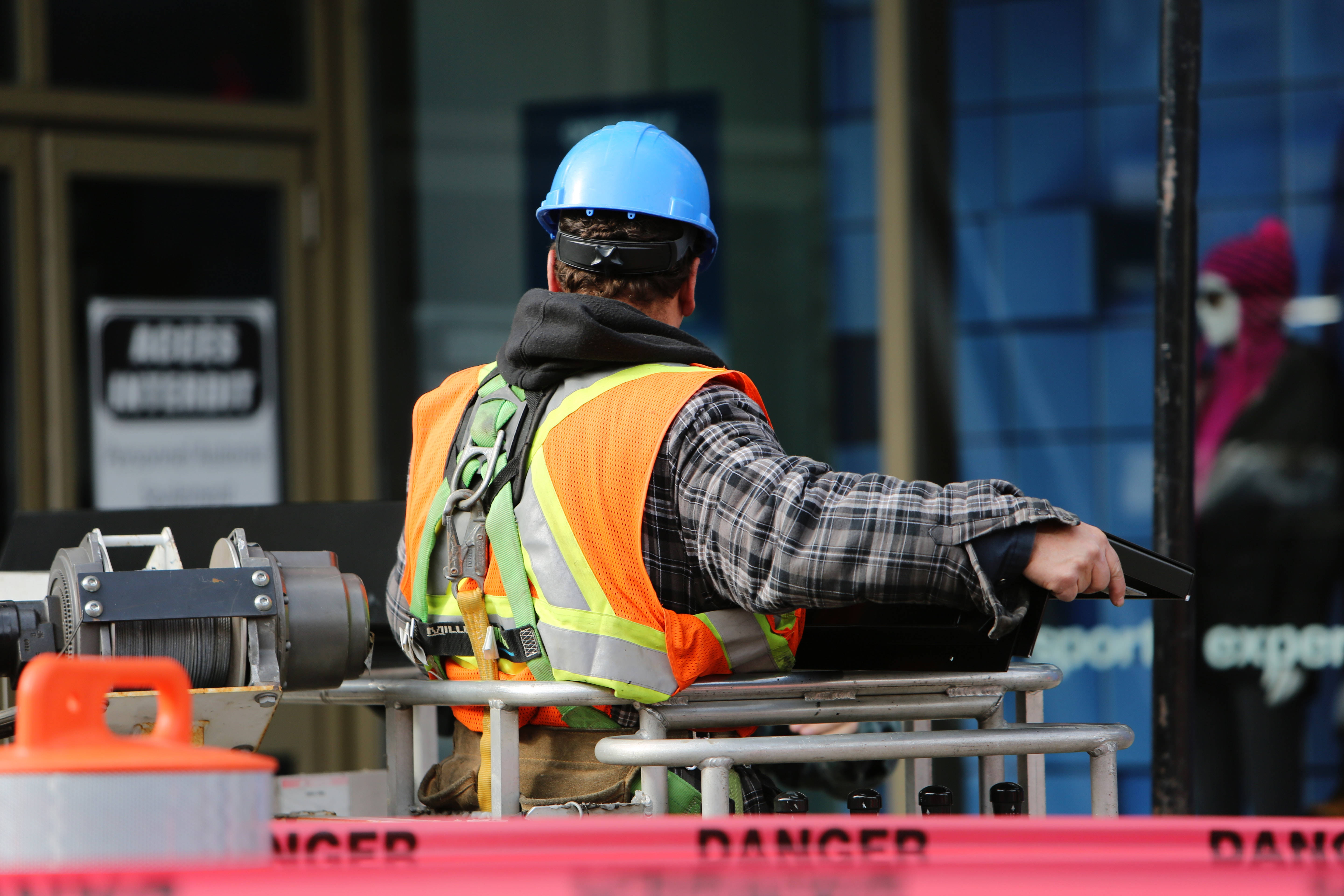 construction worker, blue hard hat, orange vest, 5K Desktop Wallpaper