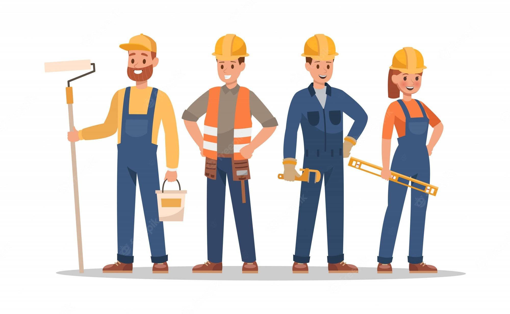 yellow hard hats, blue overalls, paint roller, Full HD Desktop Wallpaper