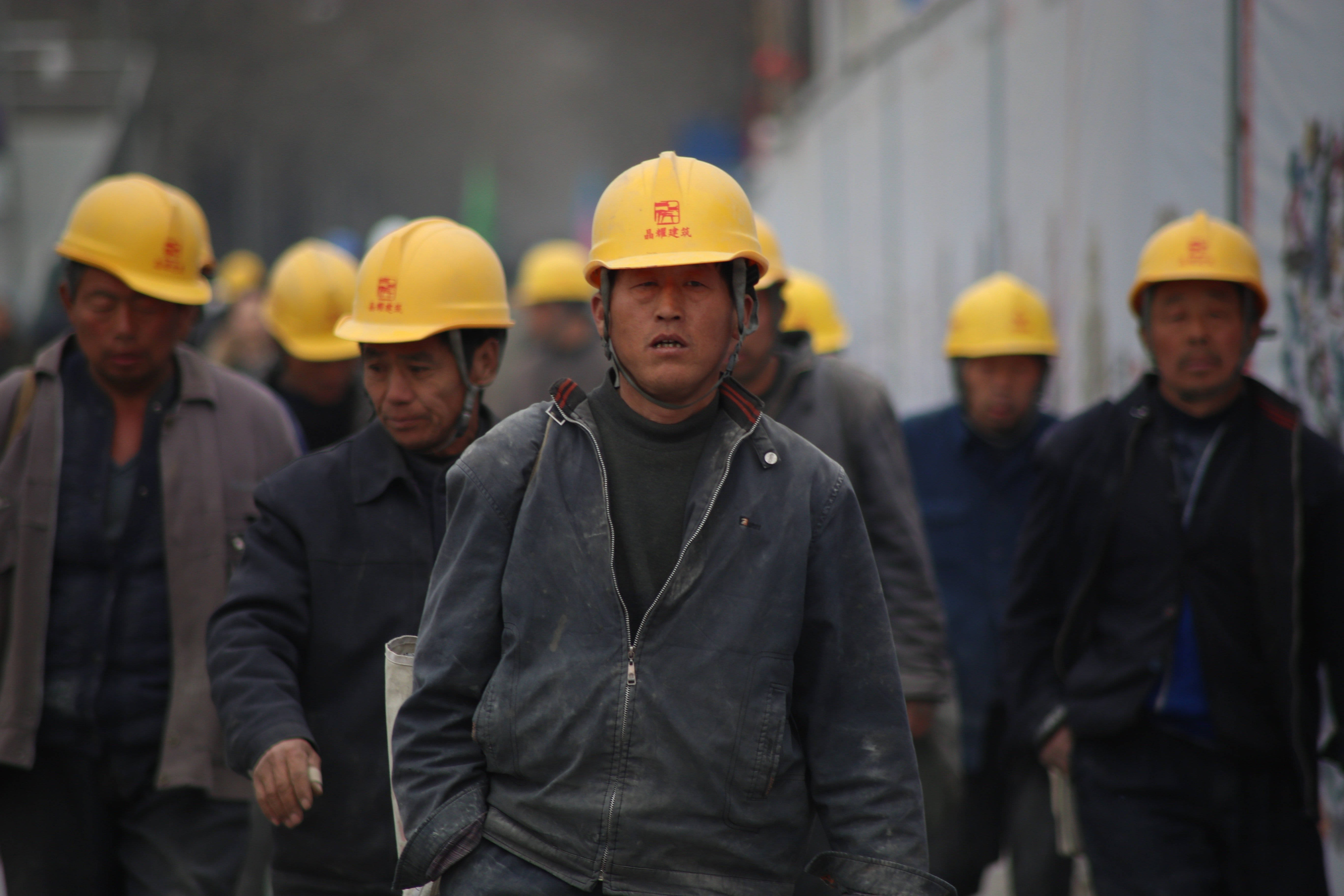 construction workers, yellow hard hats, dusty urban site, 5K Desktop Wallpaper