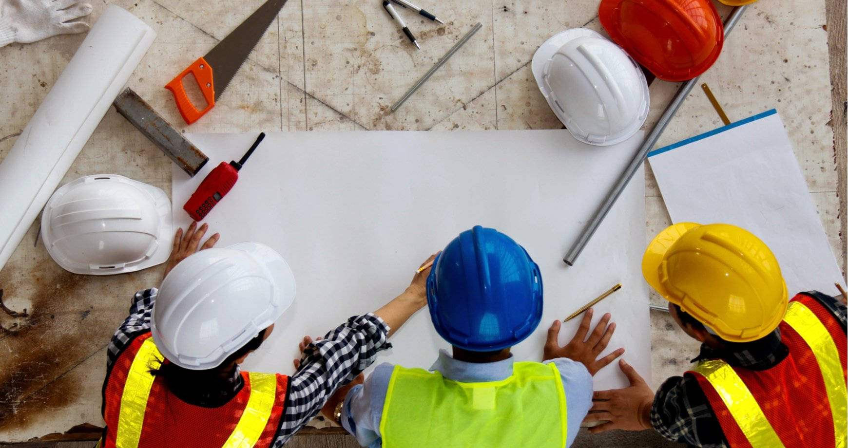 construction workers, hard hats, safety vests, HD Desktop Wallpaper