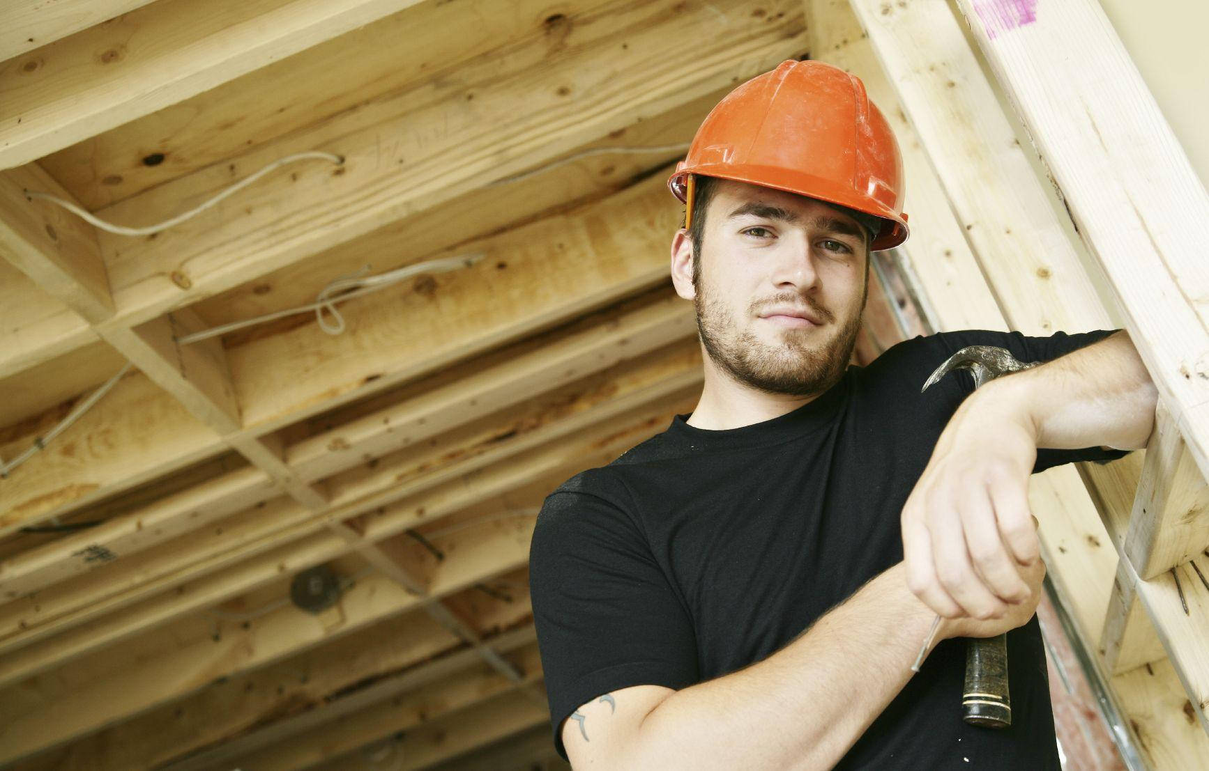 construction worker, orange hard hat, hammer, HD Desktop Wallpaper
