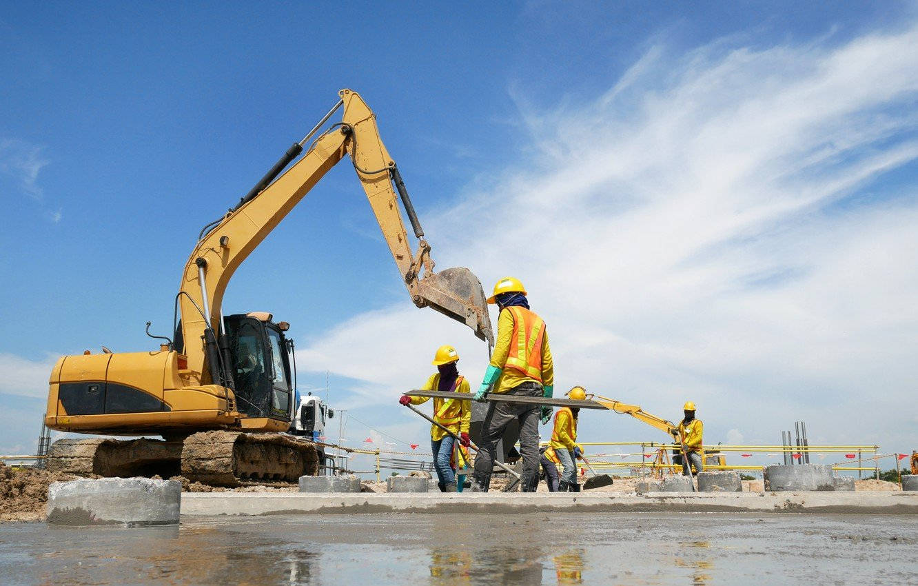 yellow vests, steel rebar, large yellow excavator, HD Desktop Wallpaper