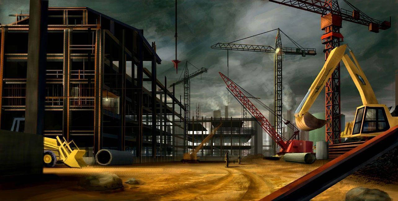 construction site, dusk, towering cranes, HD Desktop Wallpaper