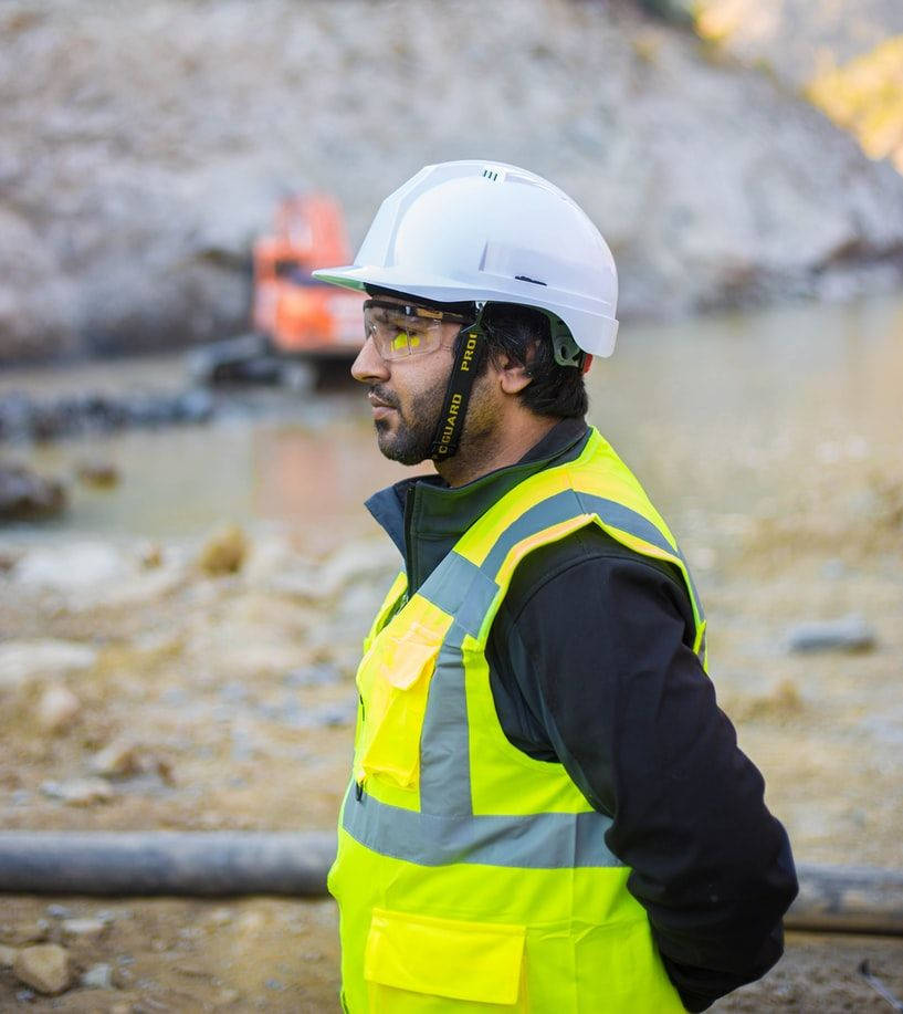 white hard hat, yellow safety vest, muddy quarry, SD Phone Wallpaper