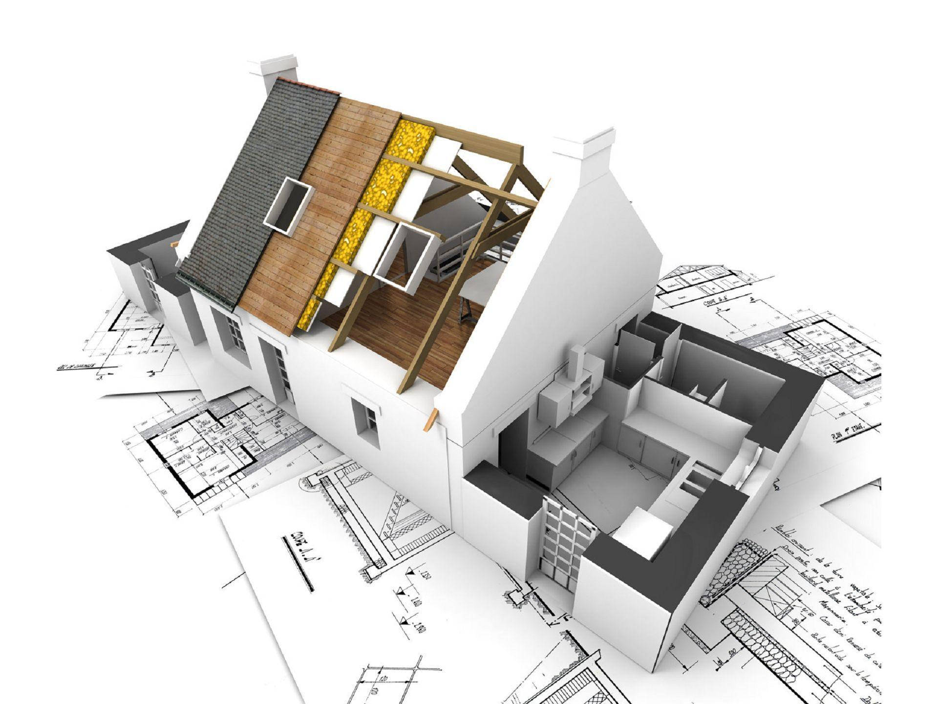 3d residential perspective, construction concept, exposed wooden beams, Full HD Desktop Wallpaper