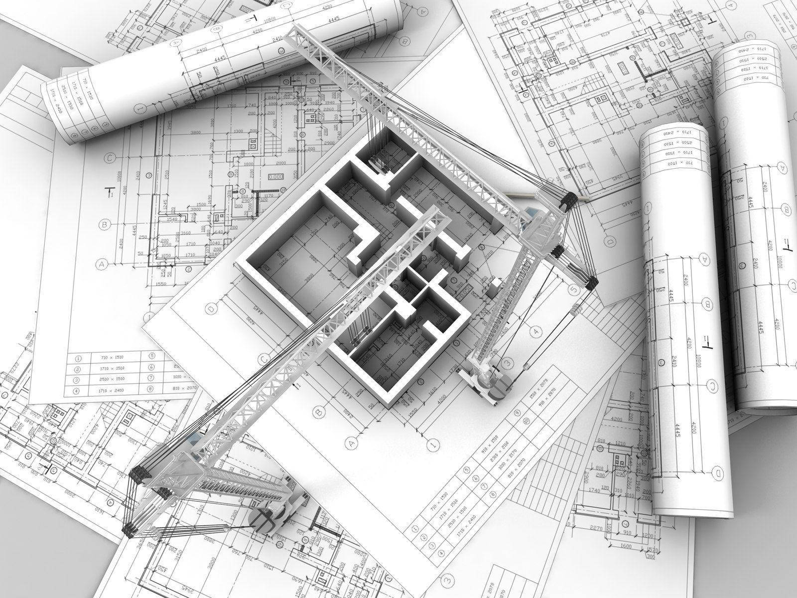 3d construction site, crane model, architectural blueprints, HD Desktop Wallpaper