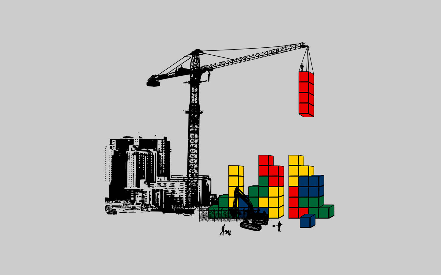 construction crane, Tetris blocks, red block, HD Desktop Wallpaper