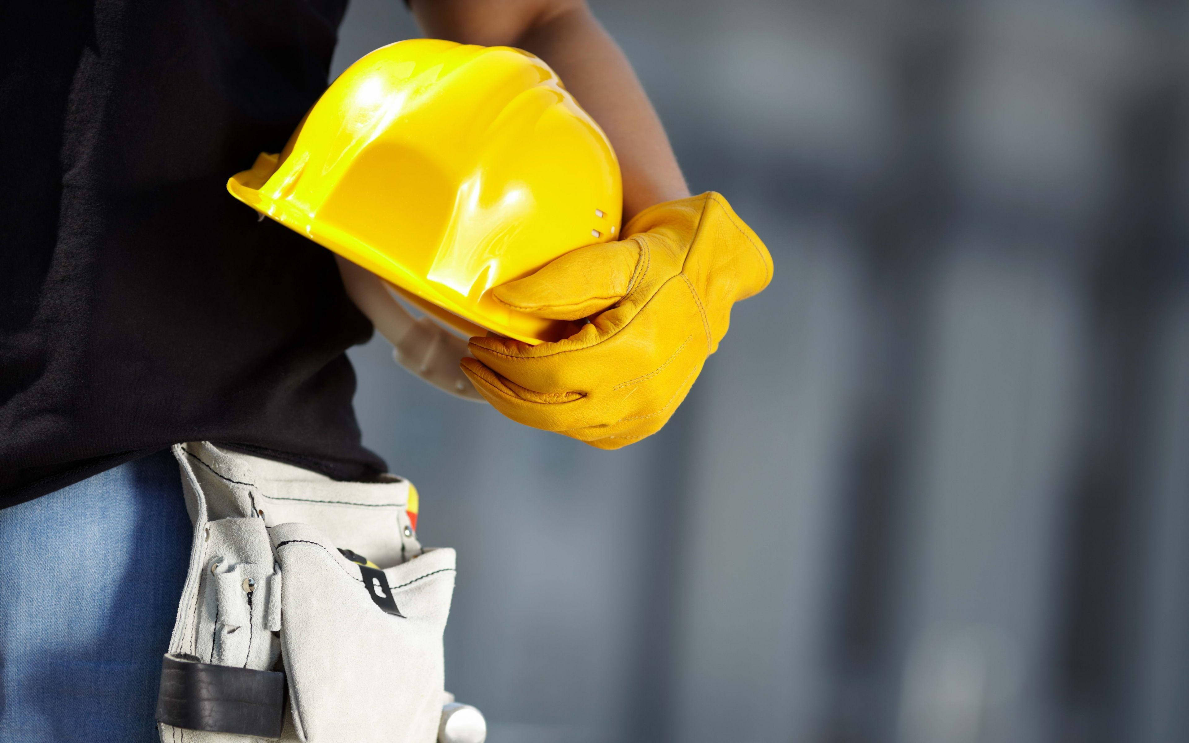 bright yellow hard hat, leather gloves, tool belt, 4K Desktop Wallpaper