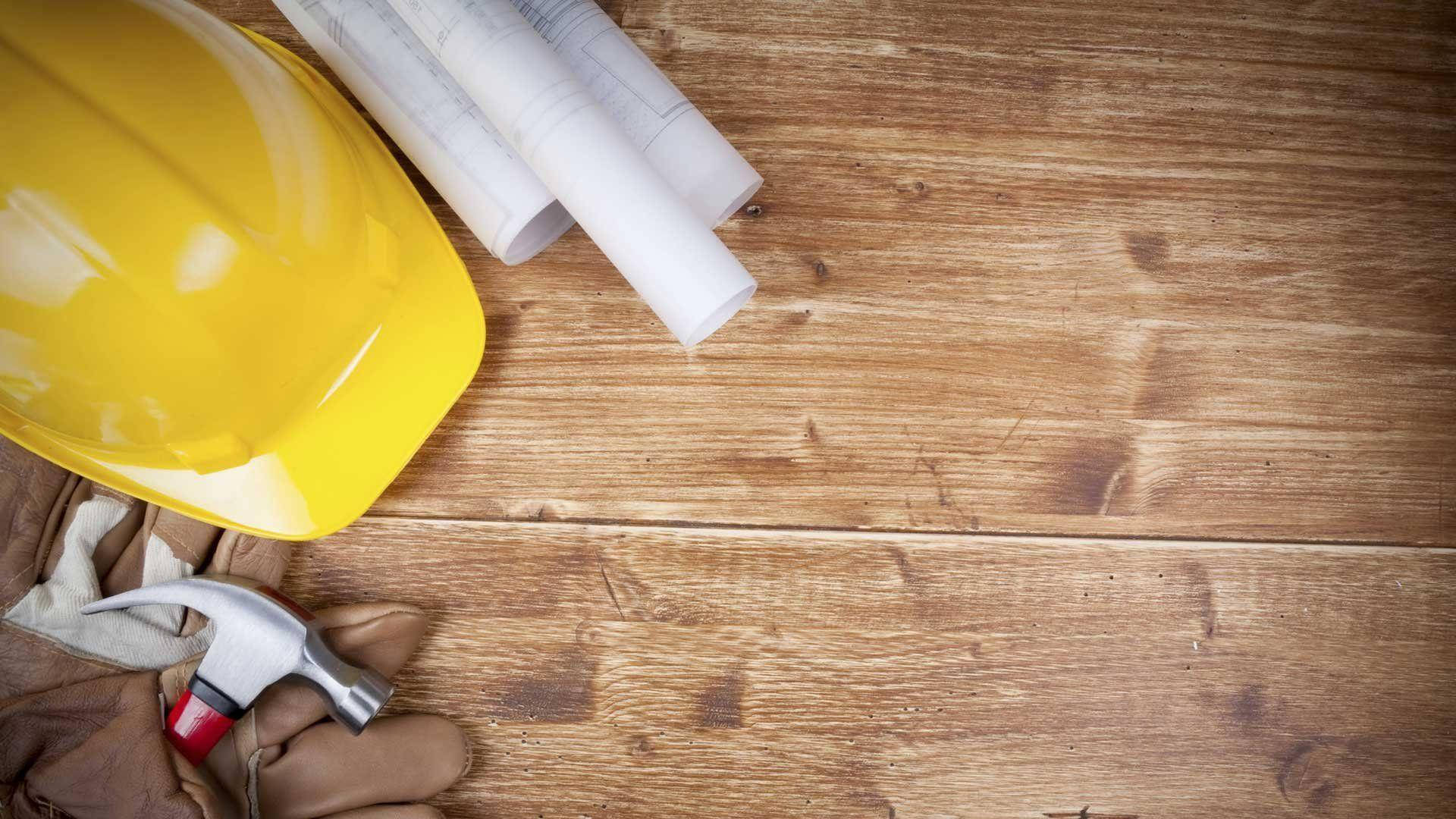 yellow hard hat, hammer, rolled blueprints, Full HD Desktop Wallpaper