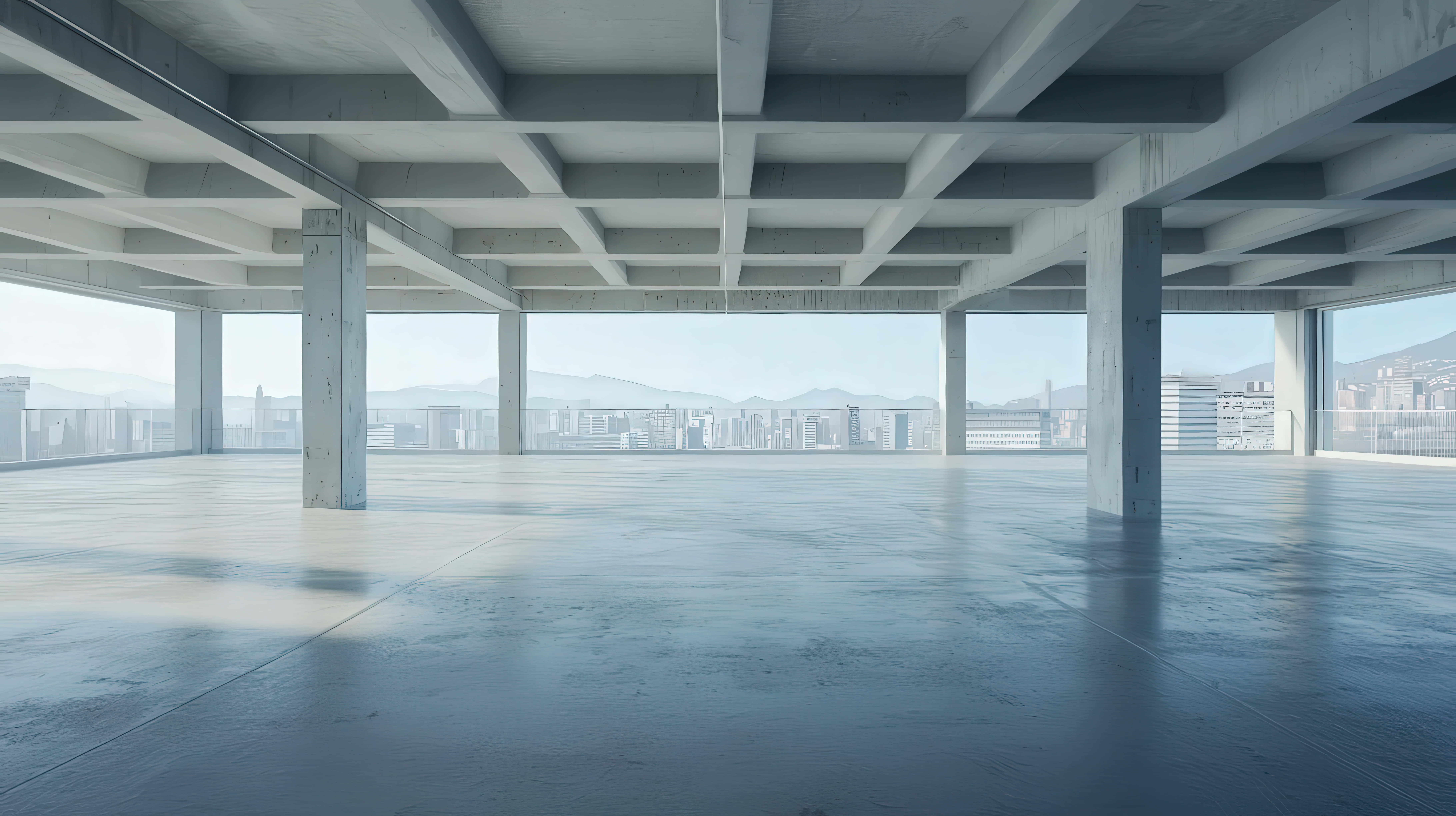 spacious empty industrial loft, city skyline view, vast empty concrete rooftop, 8K Desktop Wallpaper