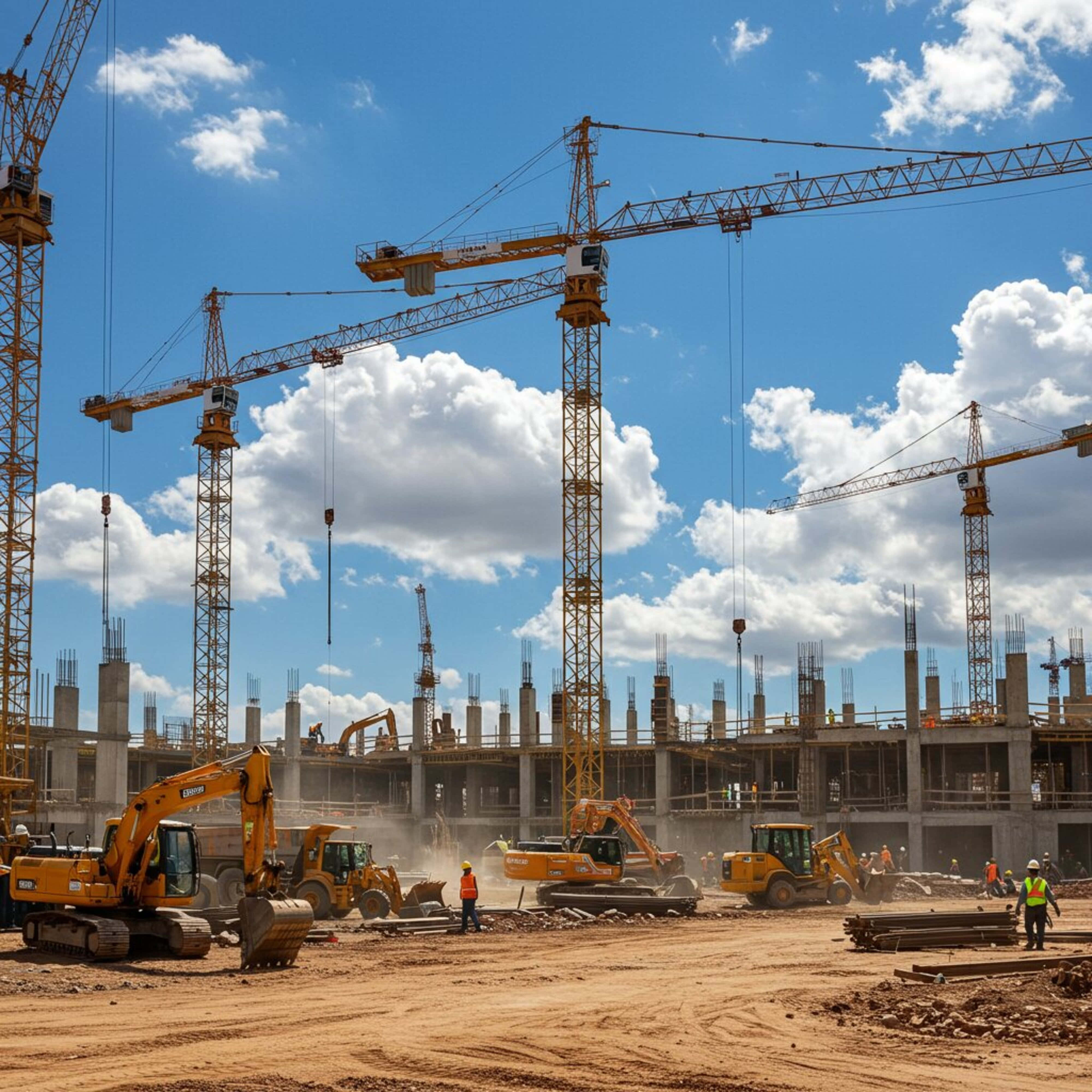 yellow cranes, bustling construction site, bright blue sky, 4K Desktop Wallpaper