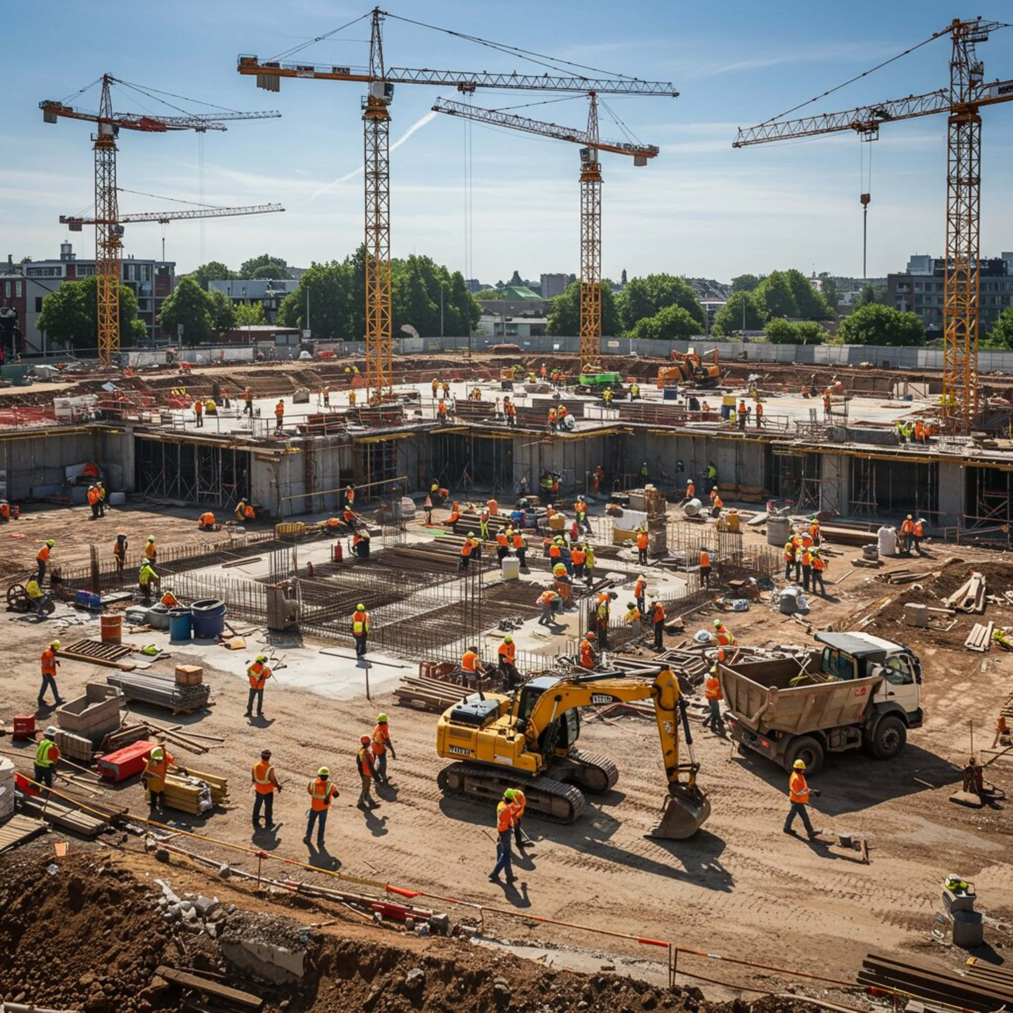 building under construction, clear blue skies, cranes, 4K Desktop Wallpaper