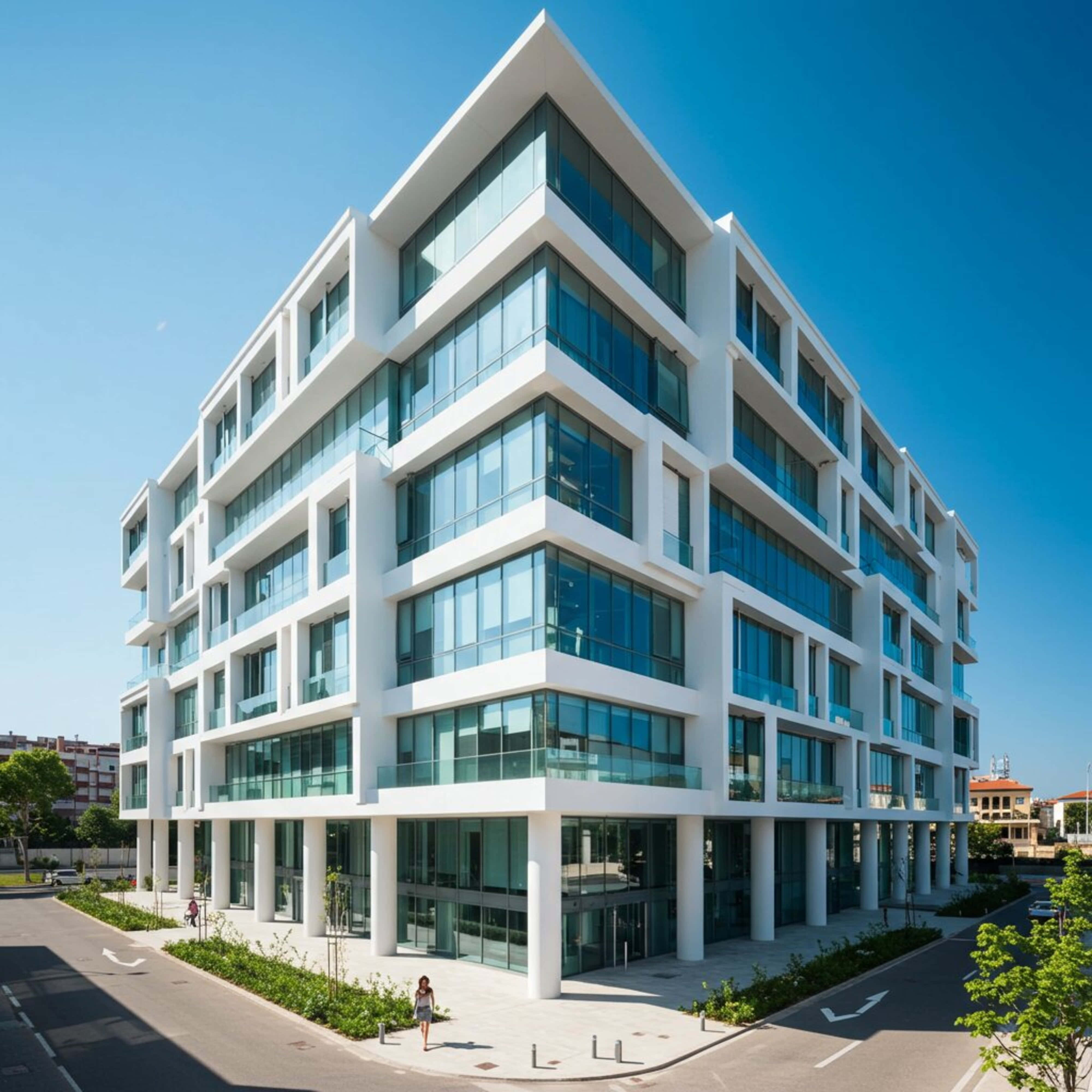 modern white glass and concrete apartment building, clear blue sky, lone pedestrian, 4K Desktop Wallpaper