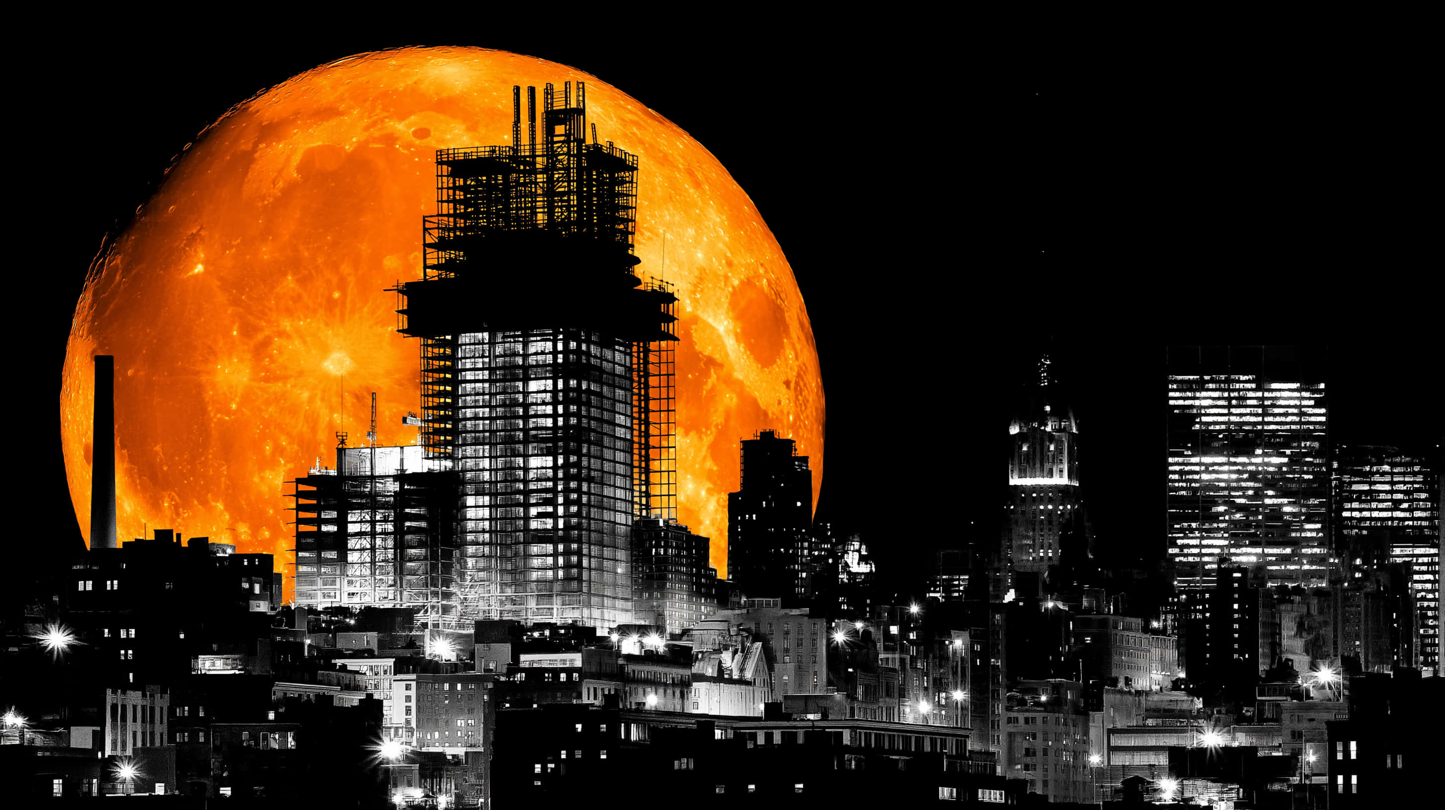 orange moon, monochromatic city skyline, illuminated skyscrapers, 2K Desktop Wallpaper