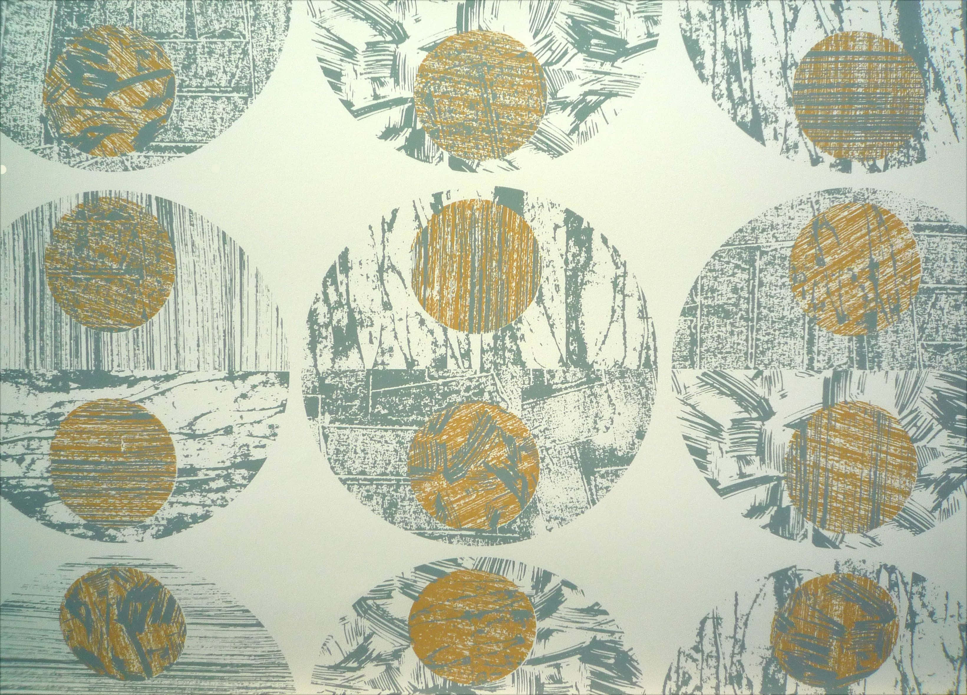 contemporary art, repeating circular patterns, textured gold centers, 2K Desktop Wallpaper