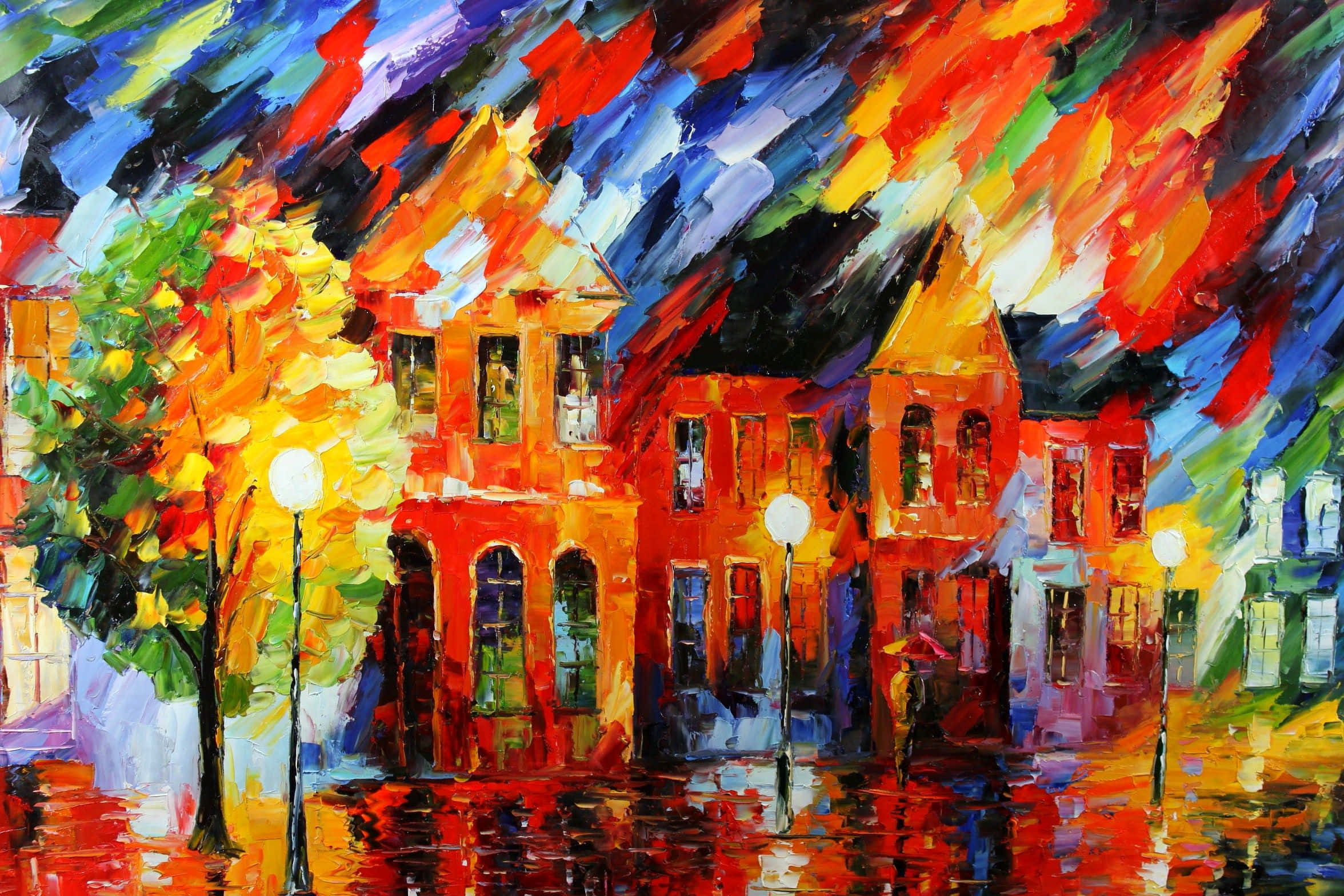 Abstract Expression Painting, European buildings, wet cobblestone streets, Full HD Desktop Wallpaper