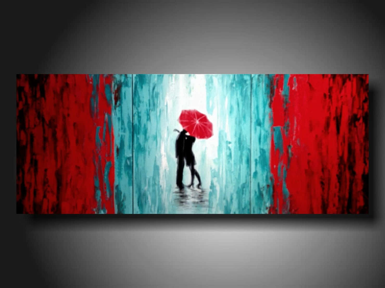 vibrant red umbrella, rainy sky, bold red and teal abstract brushstrokes, HD Desktop Wallpaper