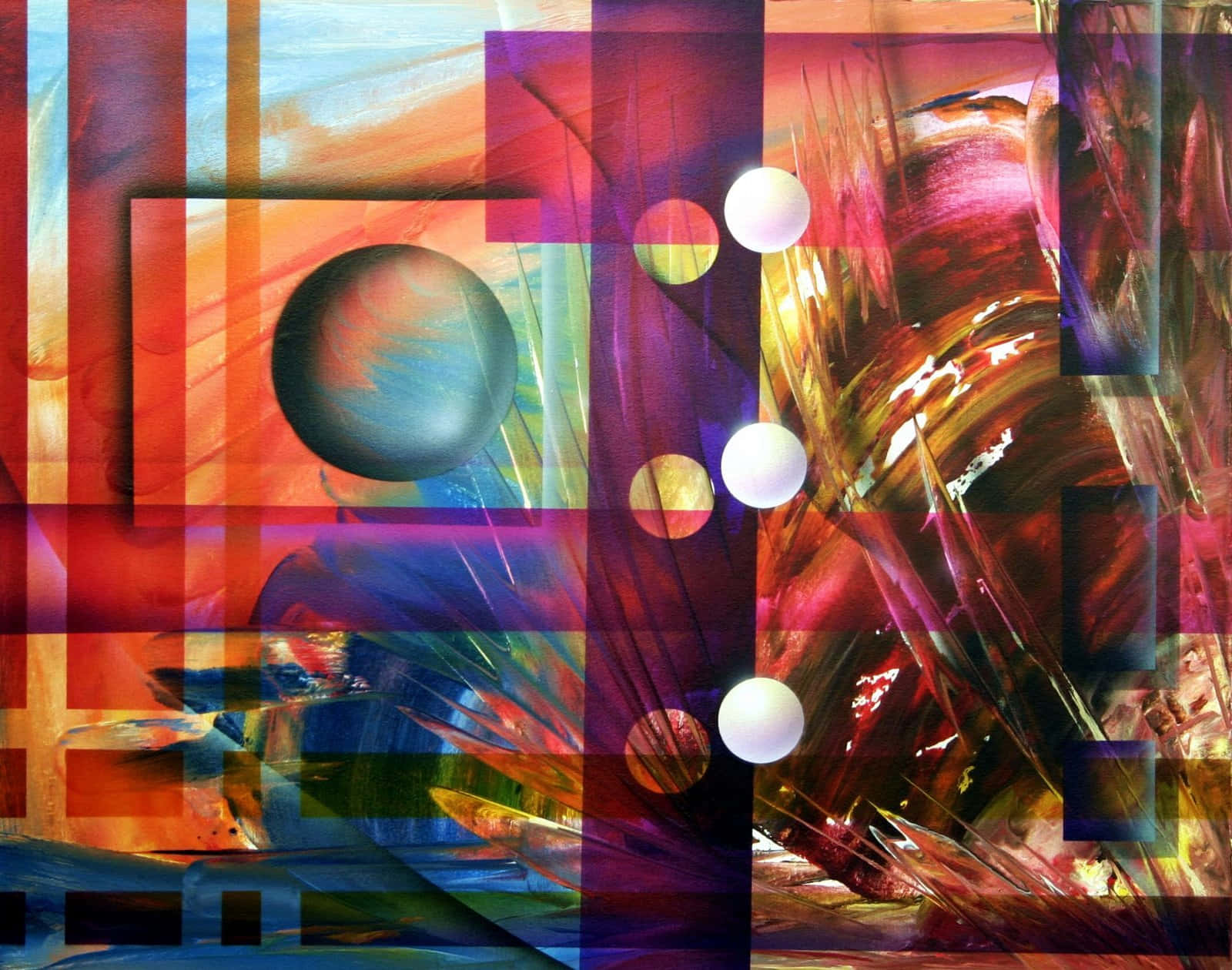 Vibrant textured painting, bold geometric shapes, glowing orbs, HD Desktop Wallpaper