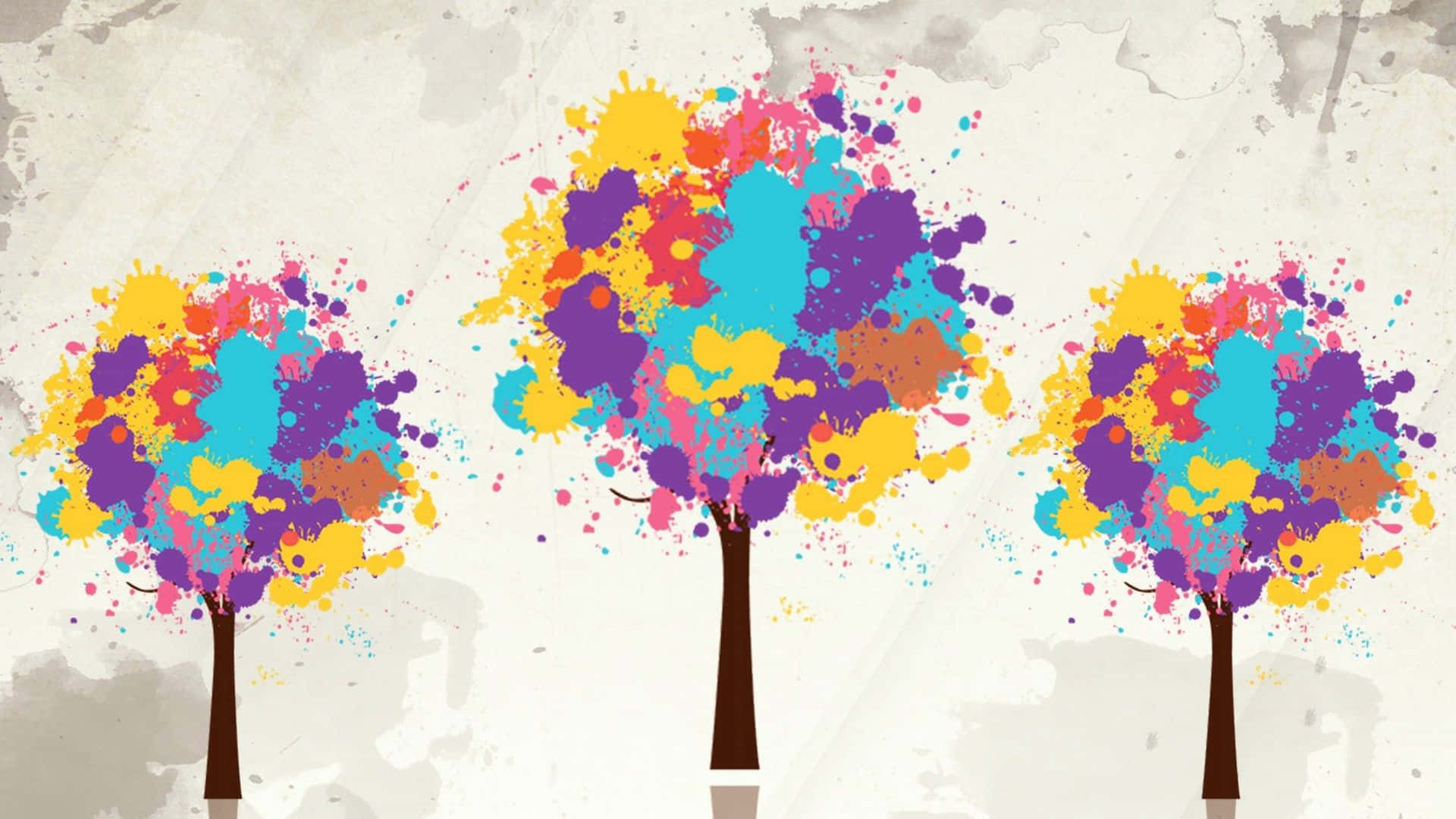 Contemporary Art, three stylized trees, vibrant paint splatter canopies, Full HD Desktop Wallpaper