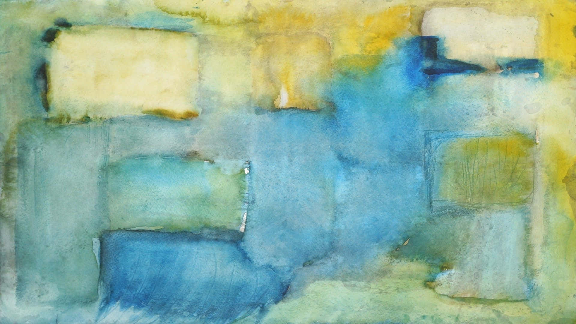 abstract watercolor painting, soft blue green, yellow shapes, Full HD Desktop Wallpaper