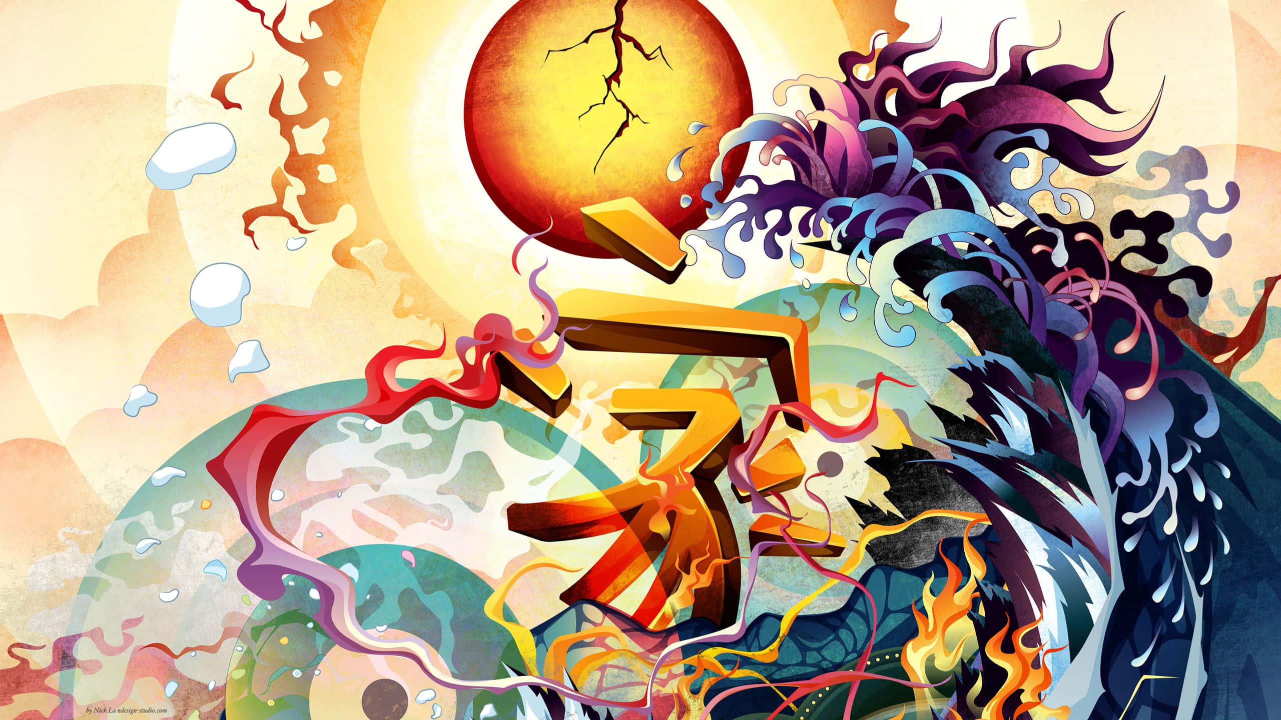 Contemporary Art, Japanese kanji character, swirling flames, 2K Desktop Wallpaper