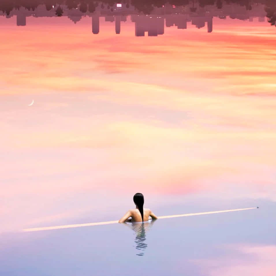 infinity pool, sunset, mirrored city skyline, SD Desktop Wallpaper
