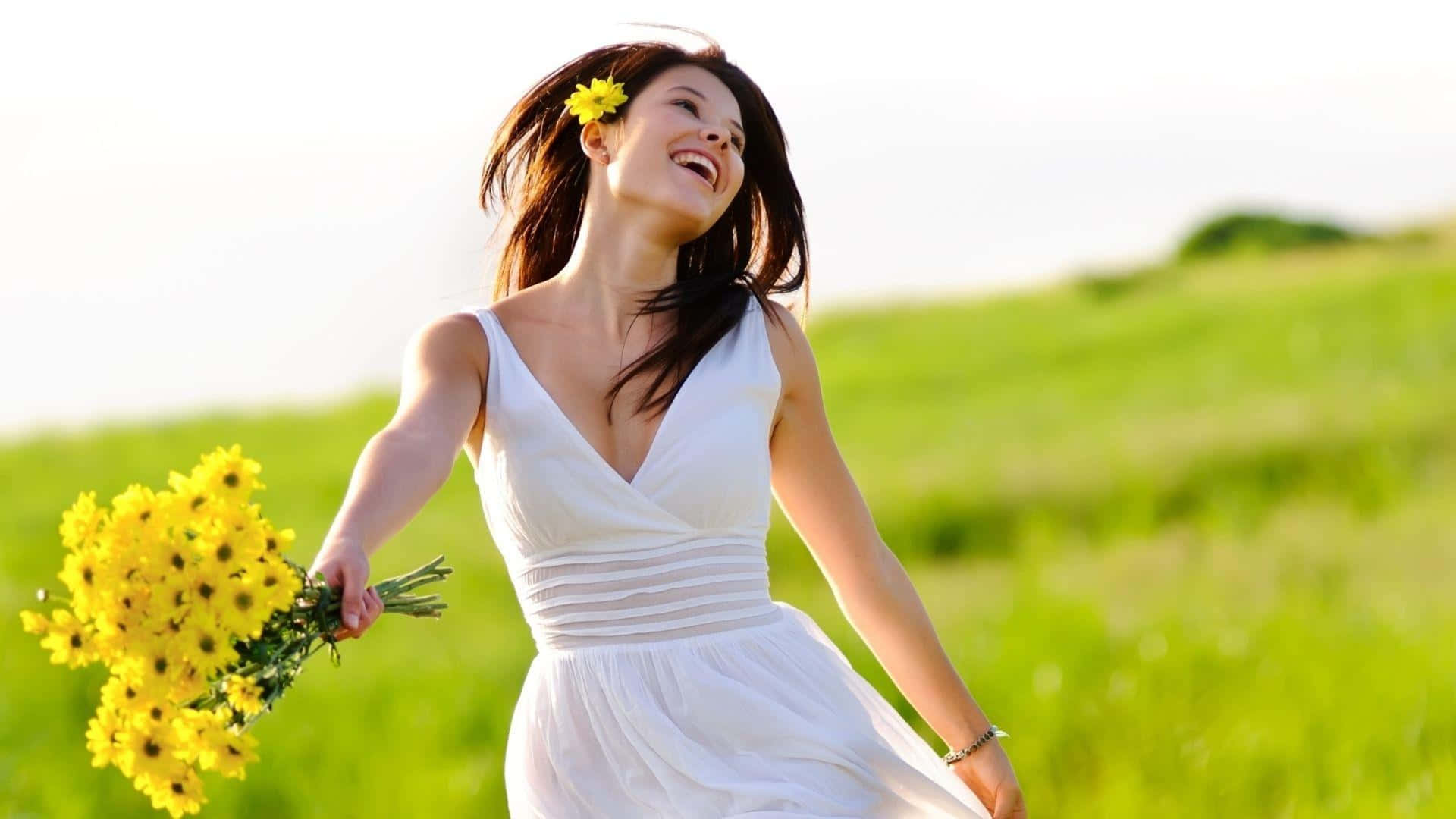 Serene Lake and Mountain View, white dress, yellow flowers, Full HD Desktop Wallpaper