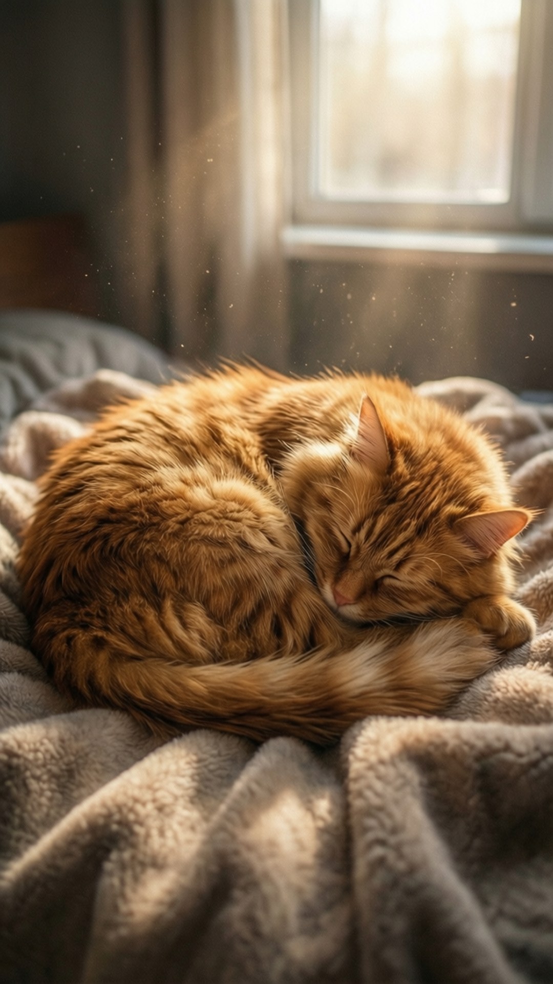 fluffy ginger cat, soft blanket, golden sunlight, Full HD Phone Wallpaper