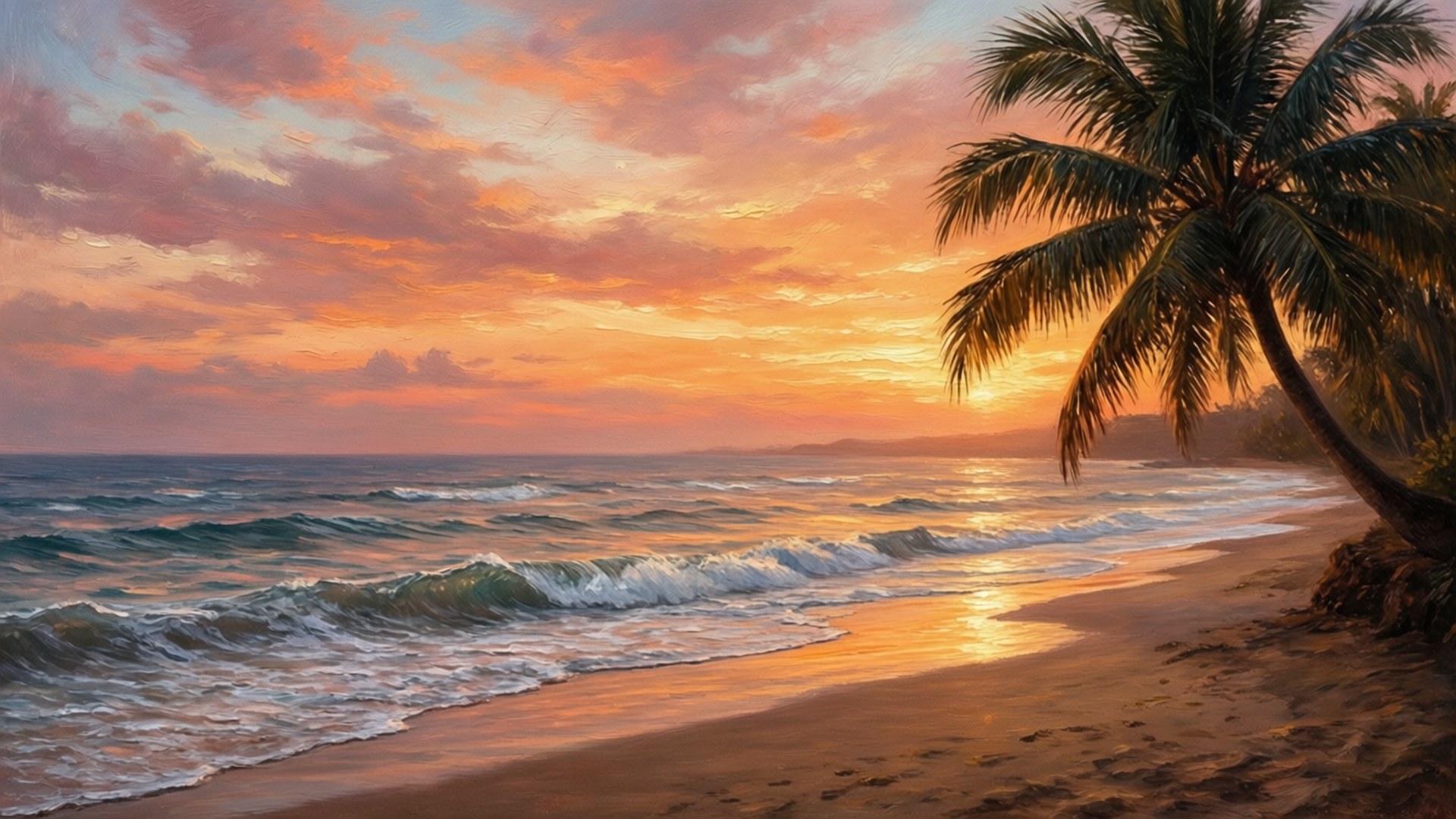 sunset beach, golden waves, fiery orange and pink sky, Full HD Desktop Wallpaper