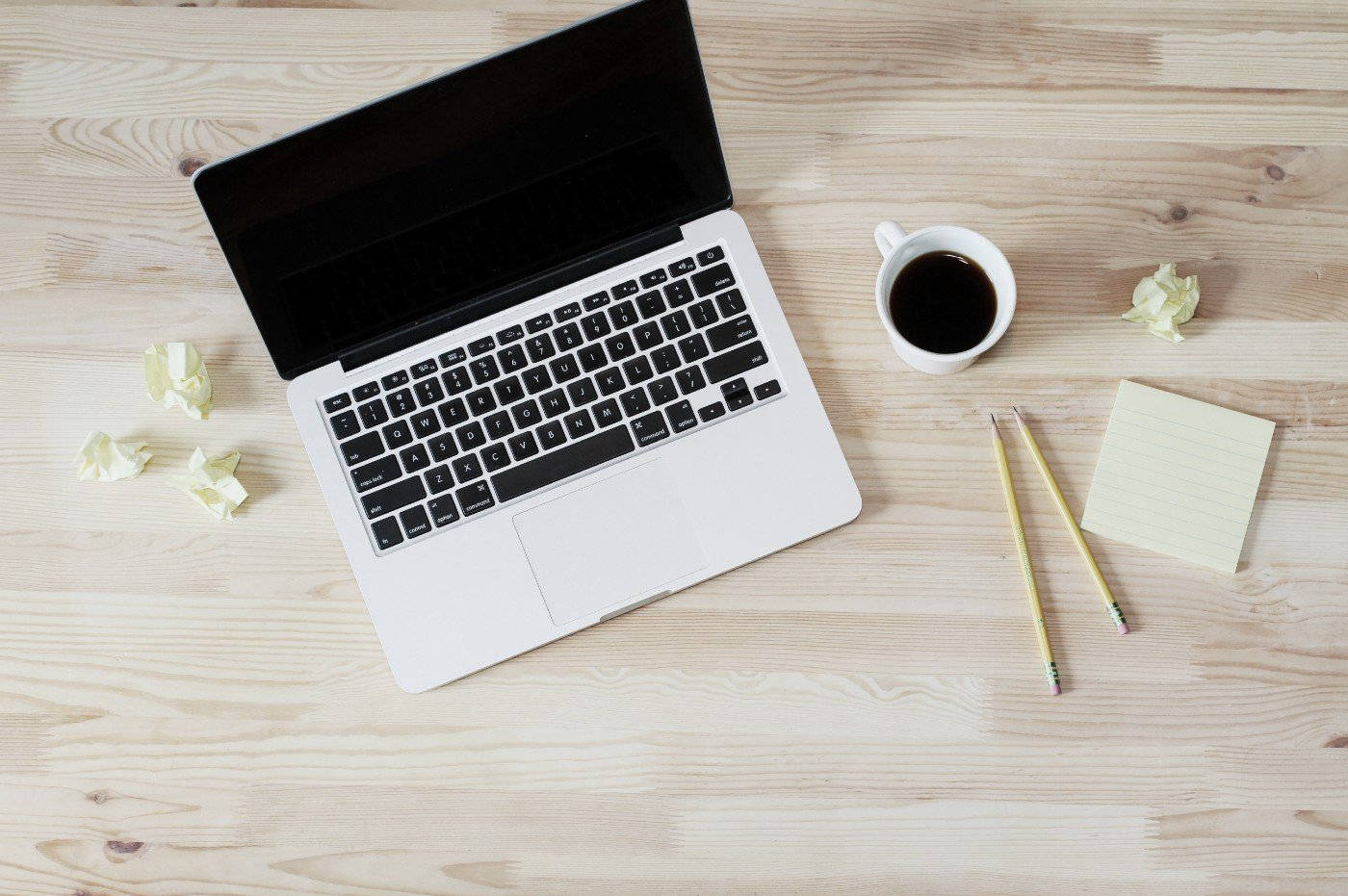 silver laptop, light wood desk, coffee cup, HD Desktop Wallpaper