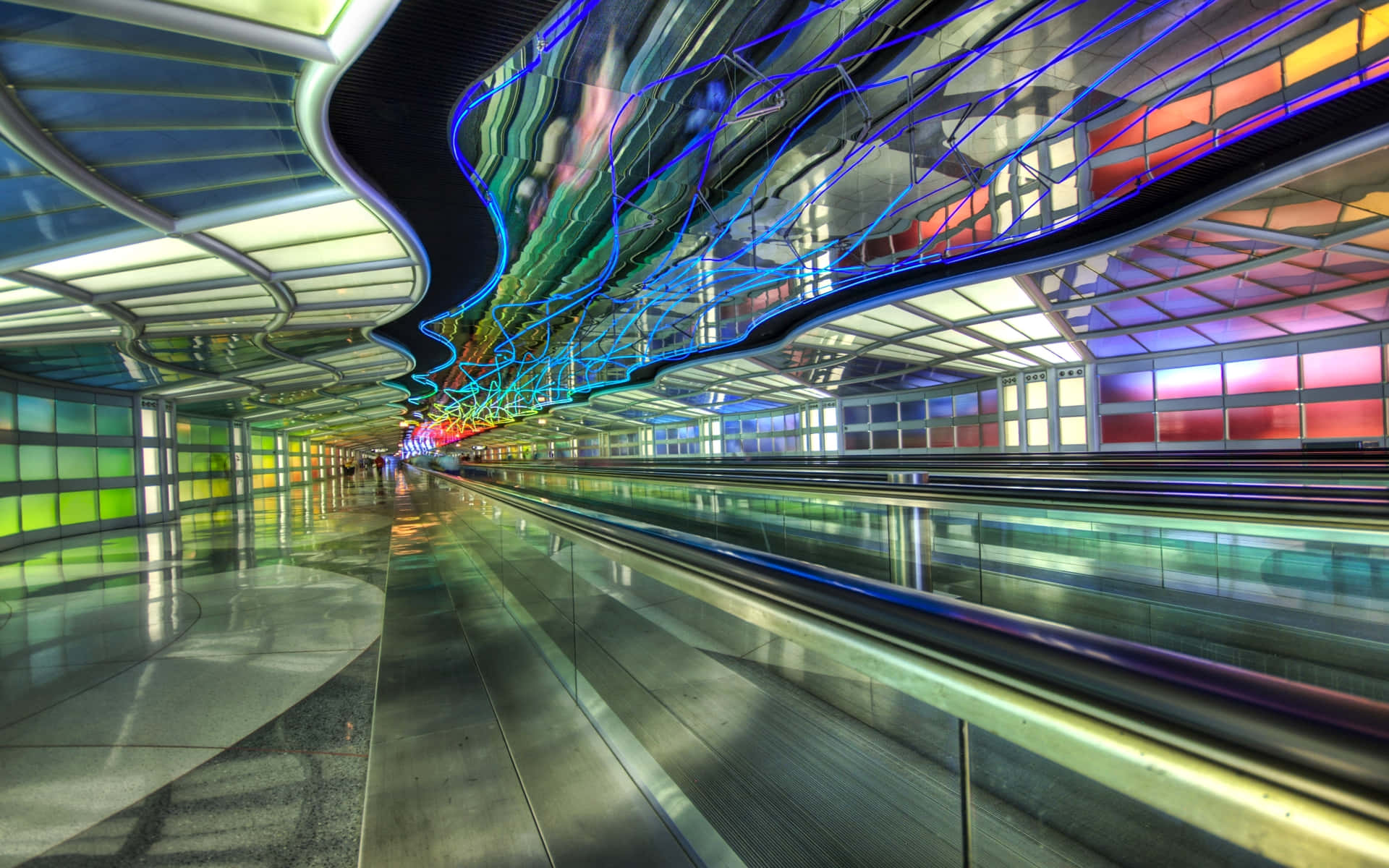 futuristic subway station, glowing neon lights, curved glass ceilings, Full HD Desktop Wallpaper