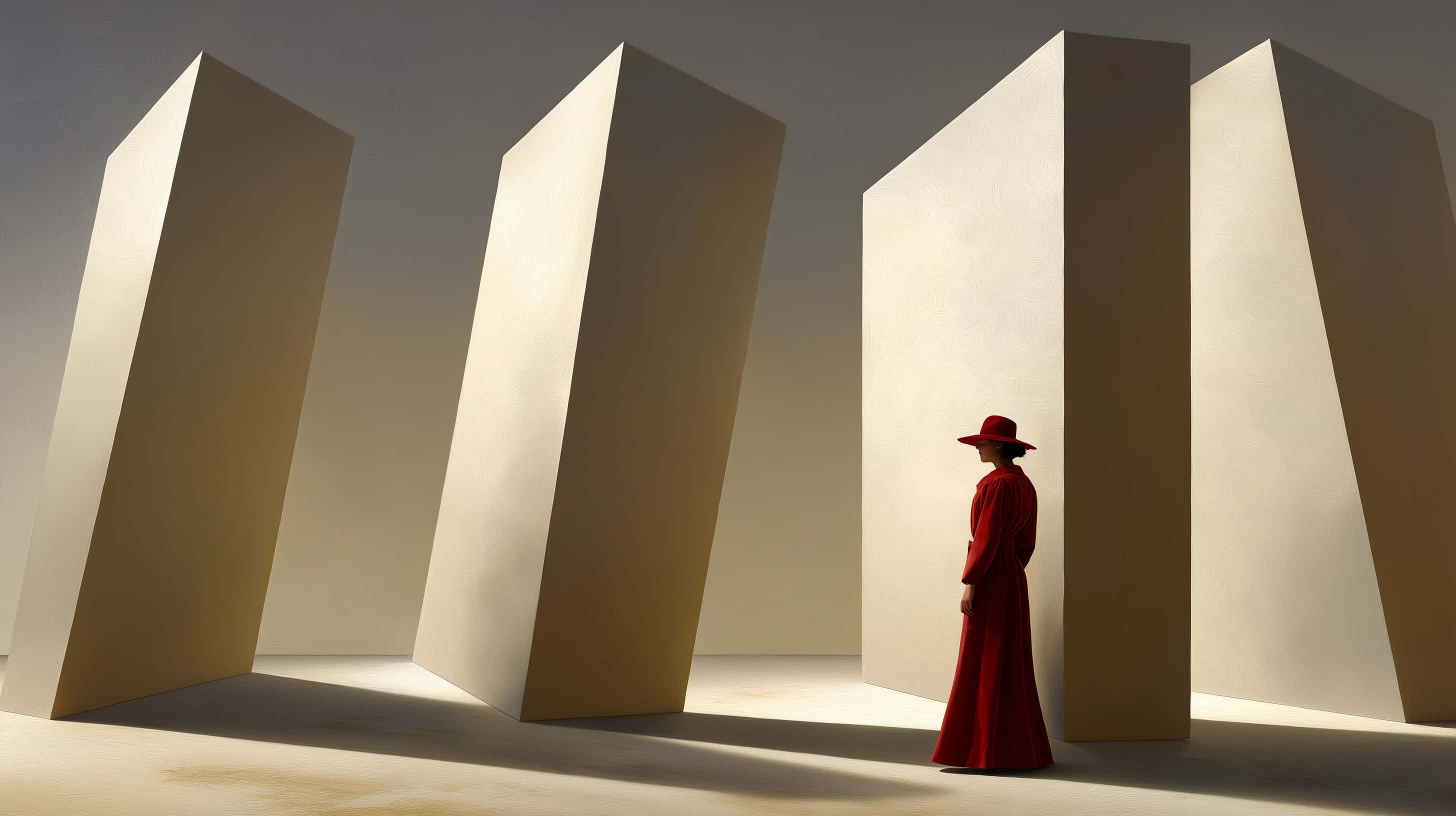 woman in red, vibrant red coat and hat, towering beige monoliths, 2K Desktop Wallpaper