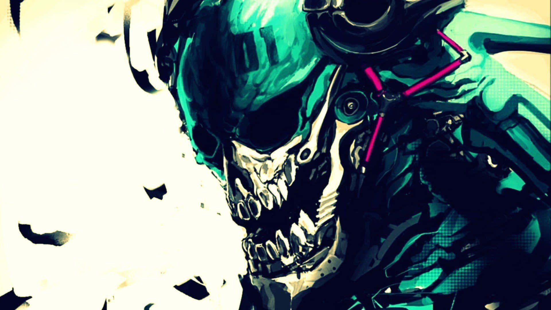 High Contrast Sunset on a Beach, cybernetic skull, glowing pink wires, Full HD Desktop Wallpaper