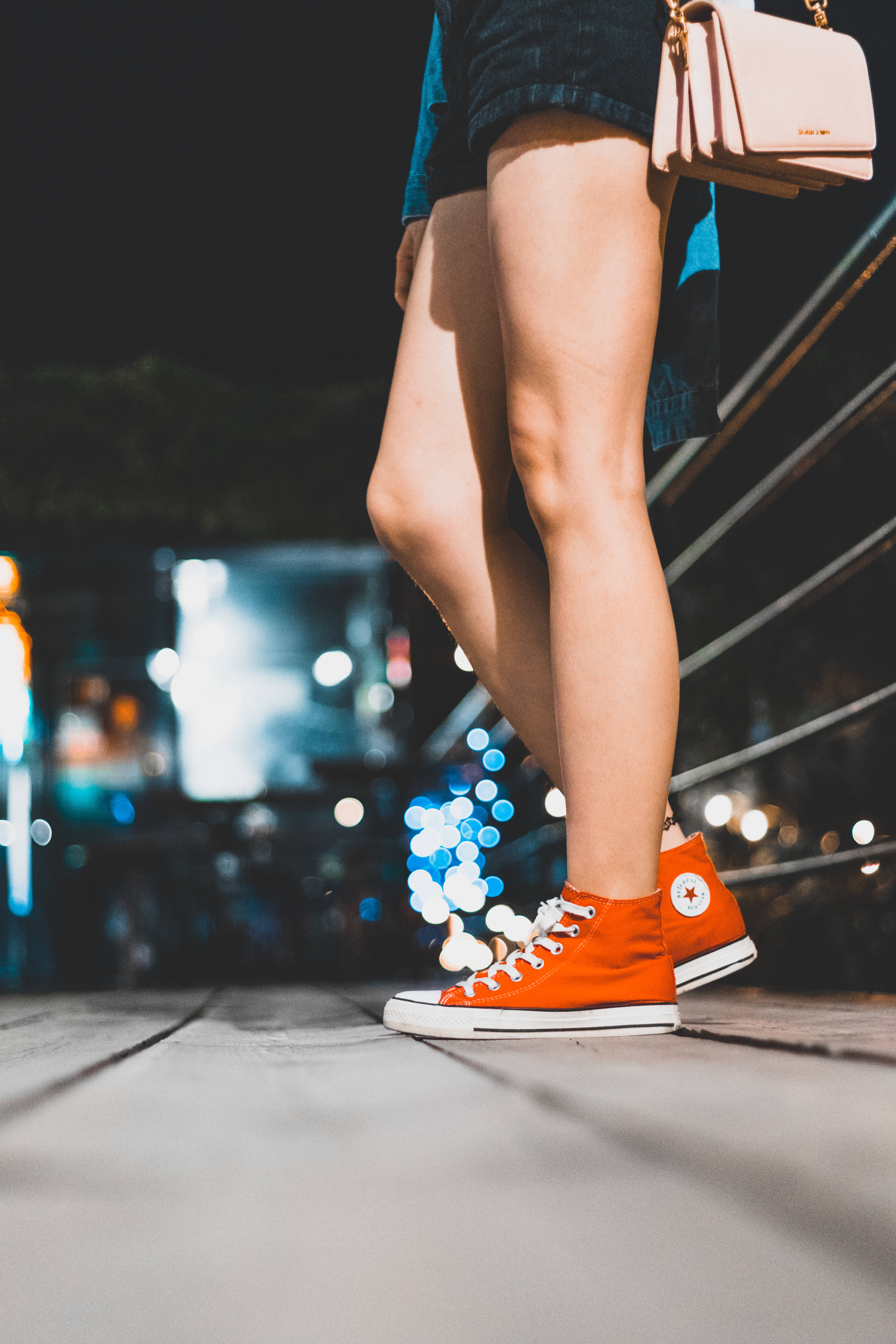 bright orange, Converse, wooden walkway, 5K Phone Wallpaper