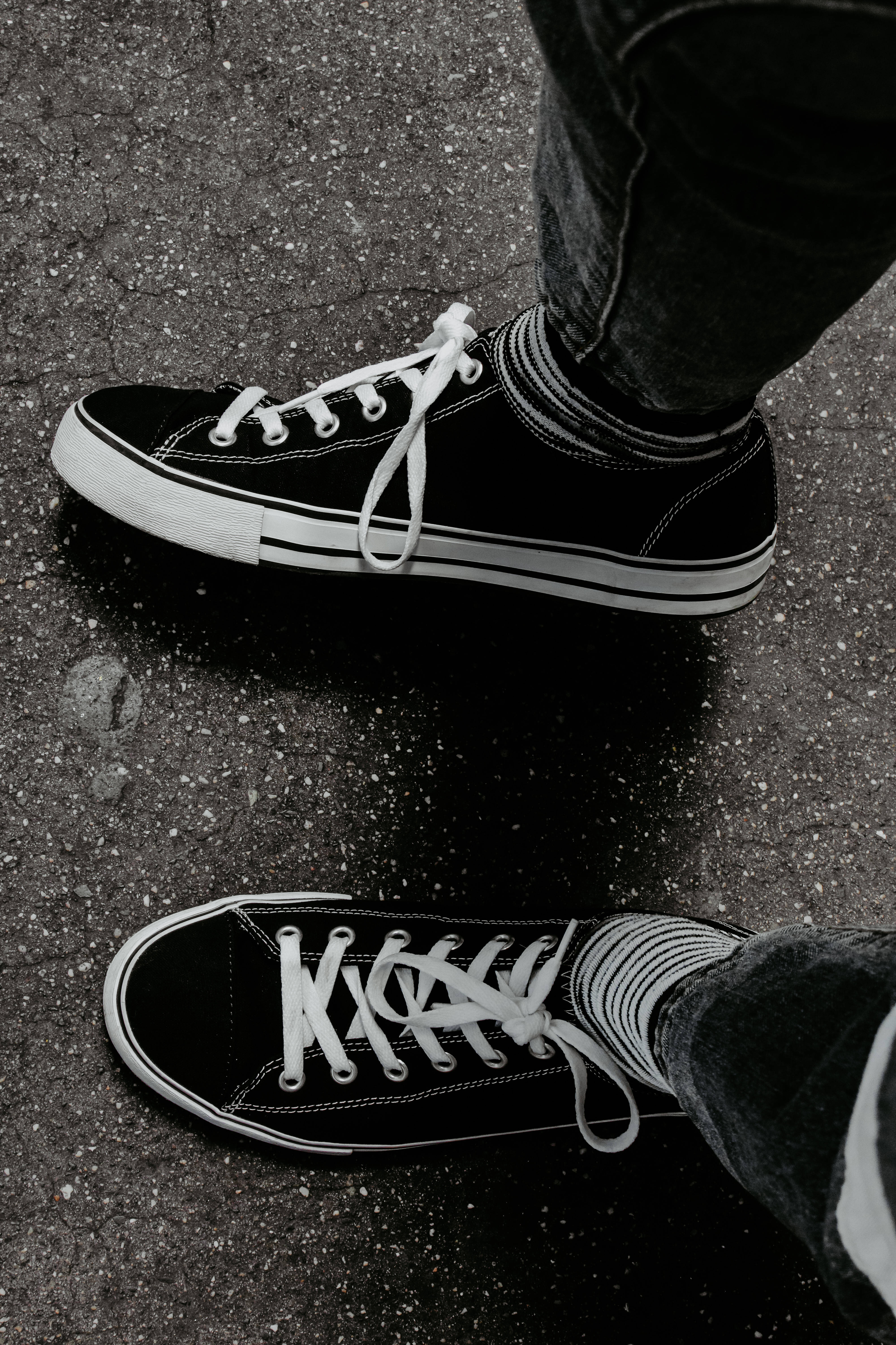 black low cut converse, classic low-top sneakers, cracked pavement, 5K Phone Wallpaper