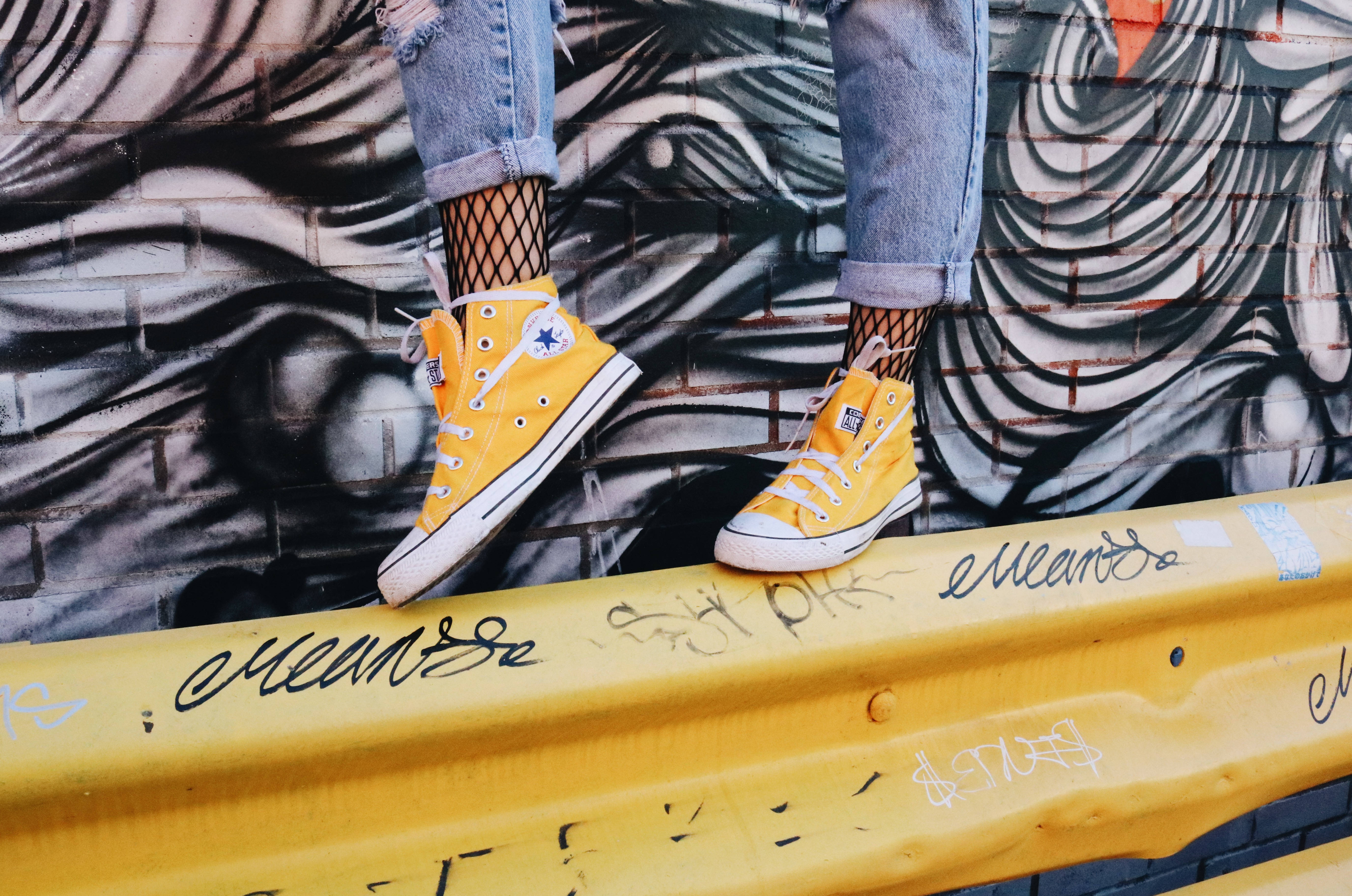 Bright Yellow Converse, high-top sneakers, yellow barrier, 5K Desktop Wallpaper