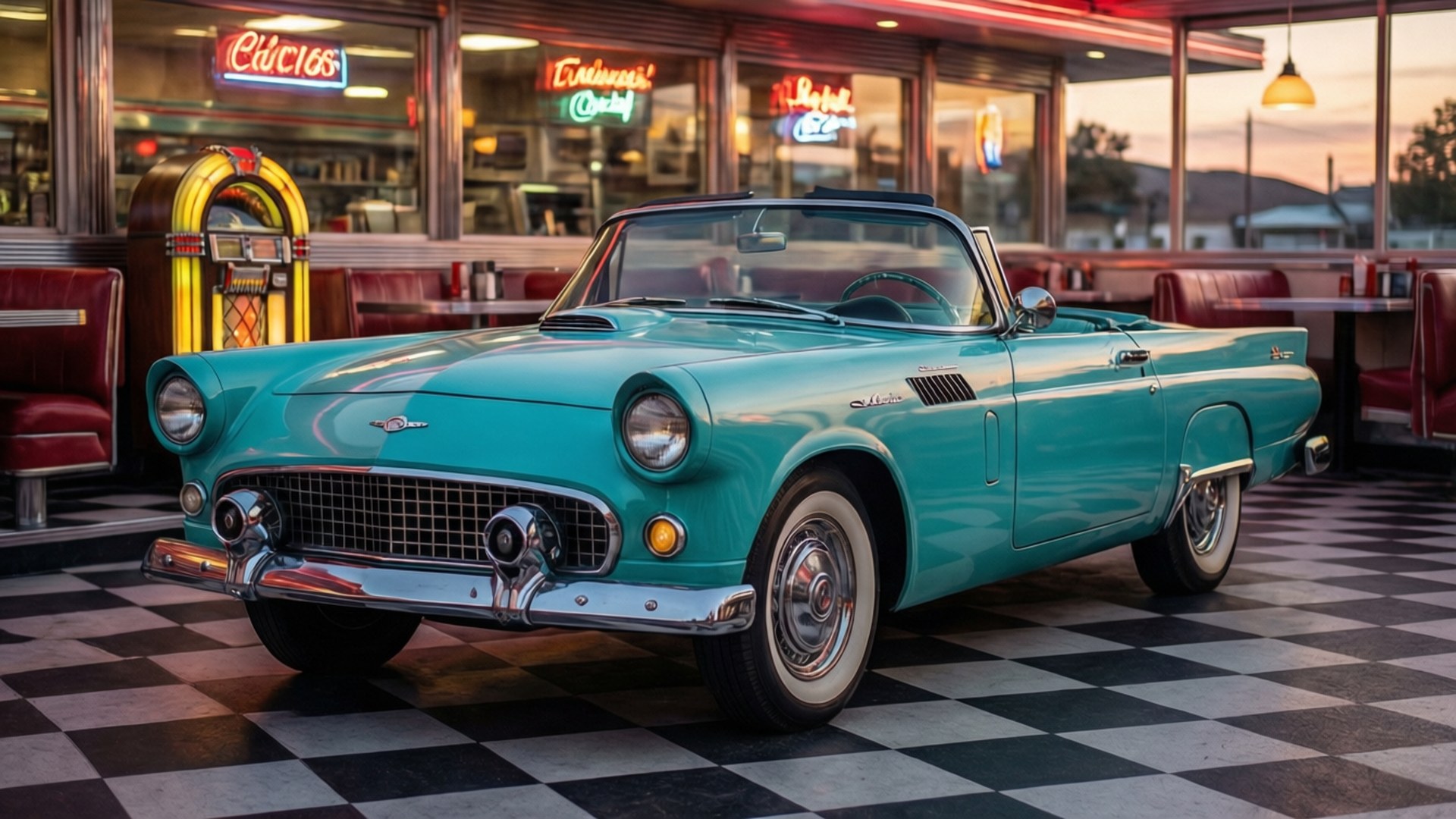 retro diner, neon lights, vintage turquoise convertible, Full HD Desktop Wallpaper