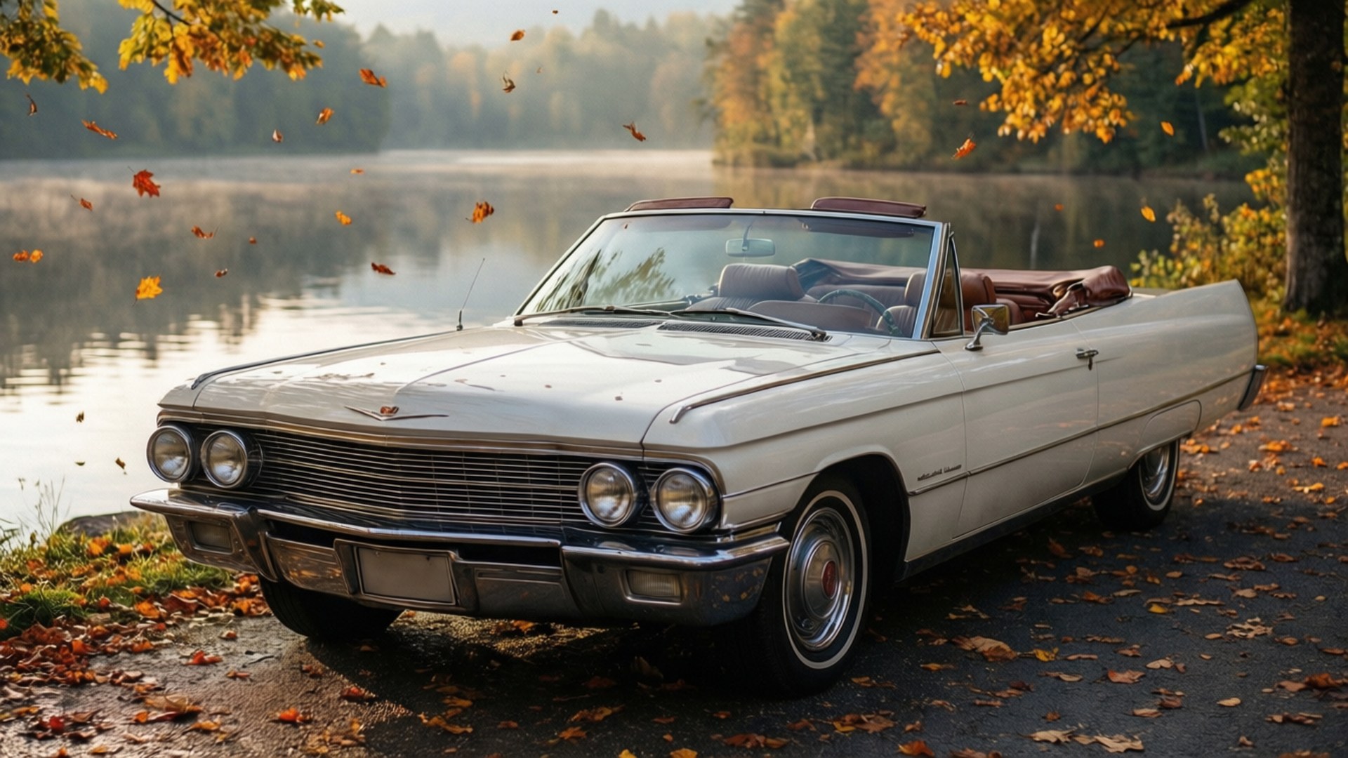 Classic white convertible, autumn lake, serene morning, Full HD Desktop Wallpaper
