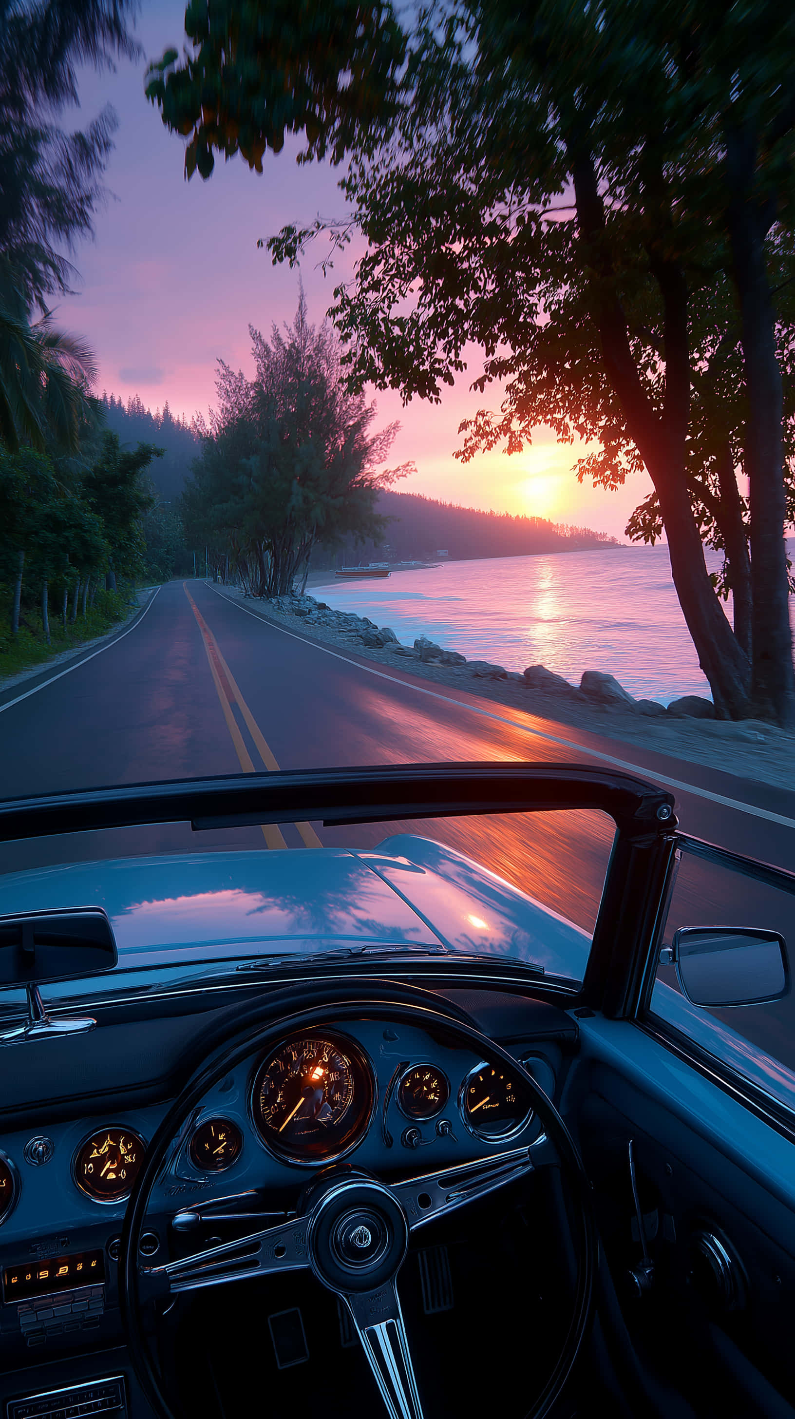 vintage convertible, coastal road, sunset, 2K Phone Wallpaper