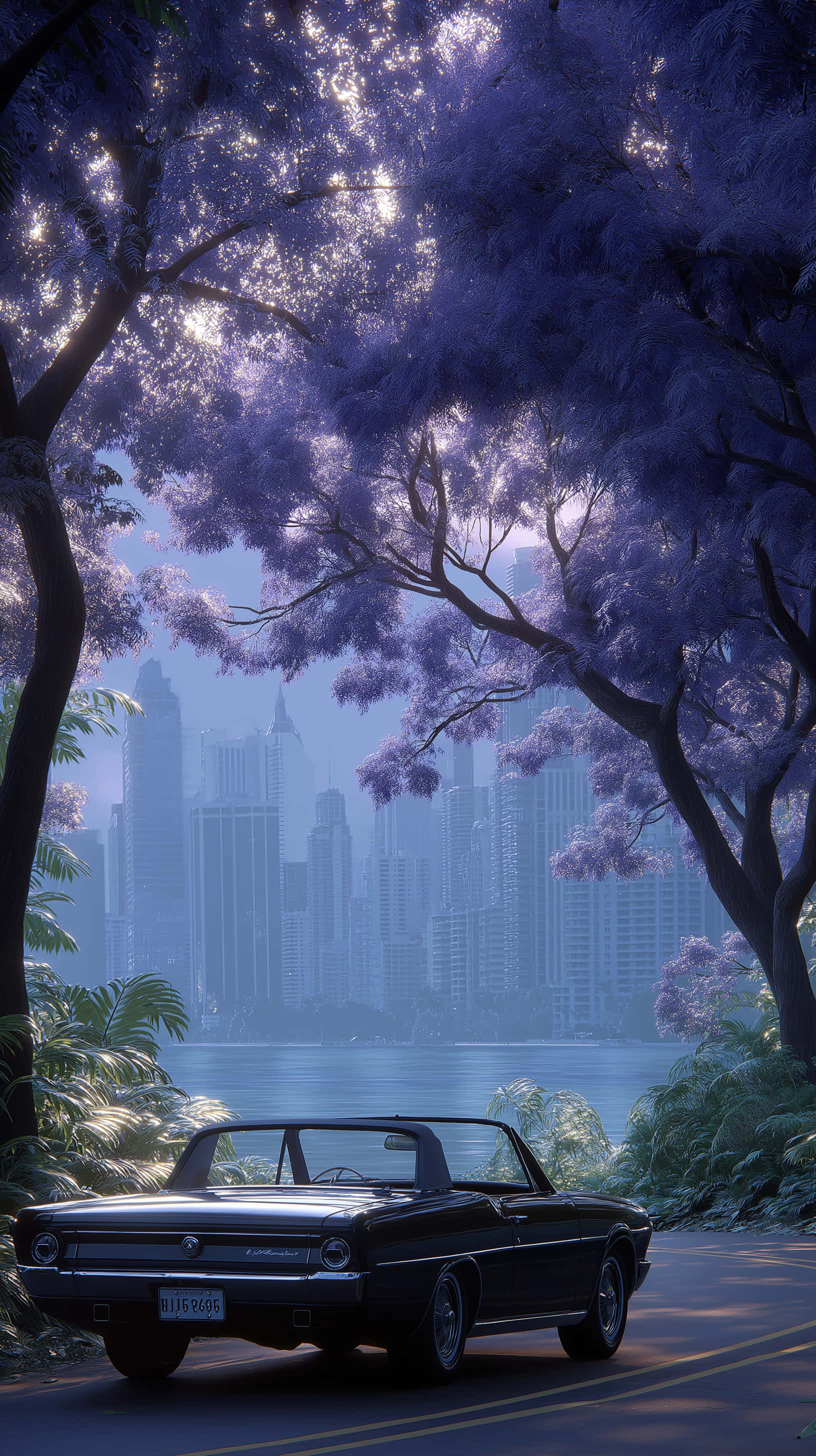 black classic convertible, glowing purple trees, hazy city skyline, 2K Phone Wallpaper
